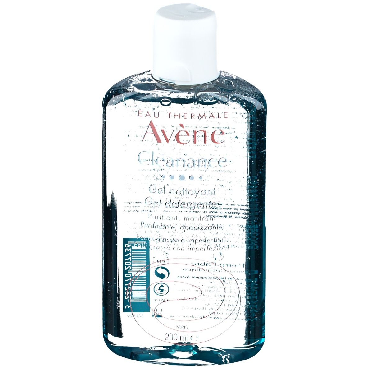 Transparente Flasche mit weißem Deckel. Aufschrift: Eau Thermale Avène Cleanance Gel nettoyant. Mit Barcode und 200 ml.
