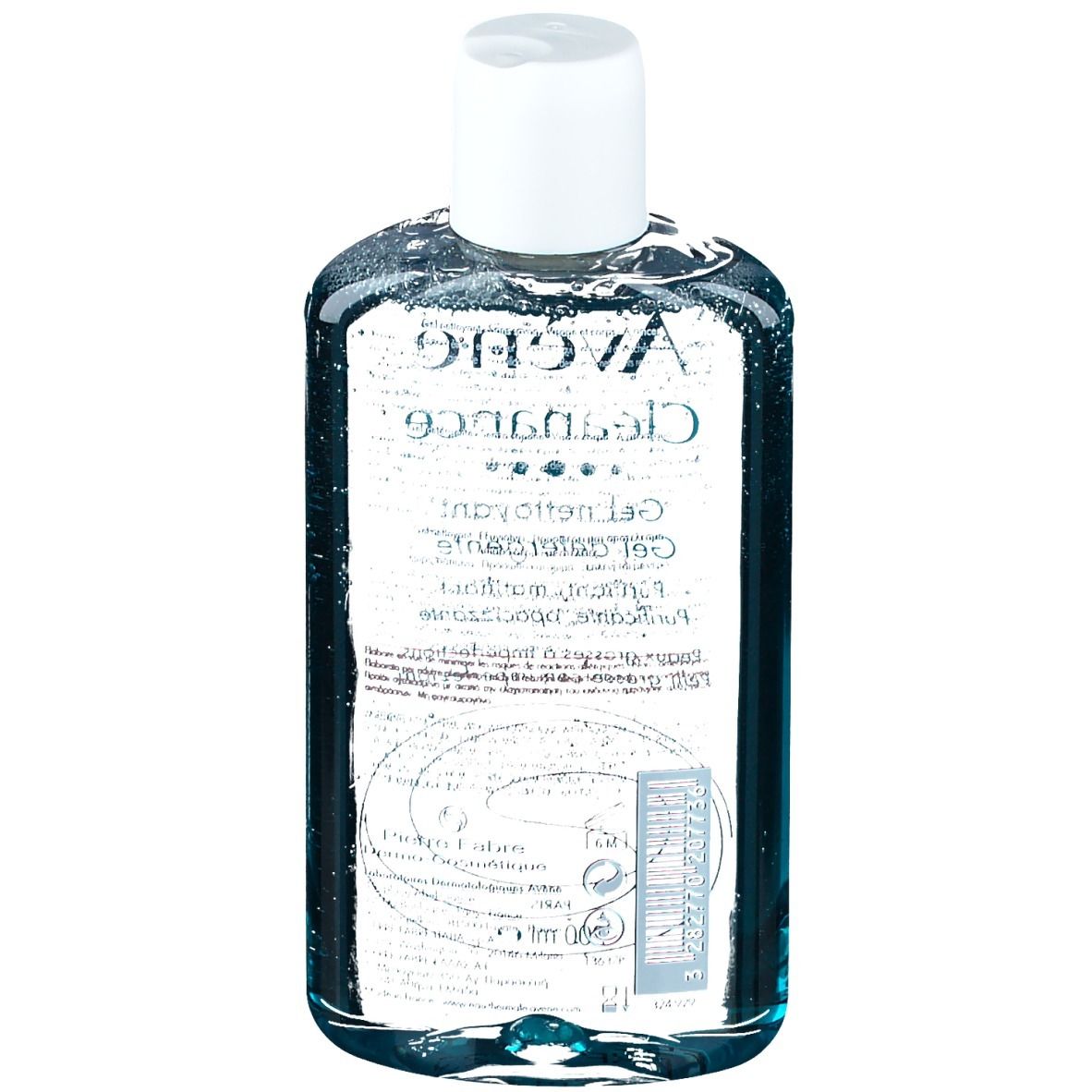 Transparente Flasche mit weißem Deckel. Aufschrift: Eau Thermale Avène Cleanance Gel nettoyant. Mit Barcode.
