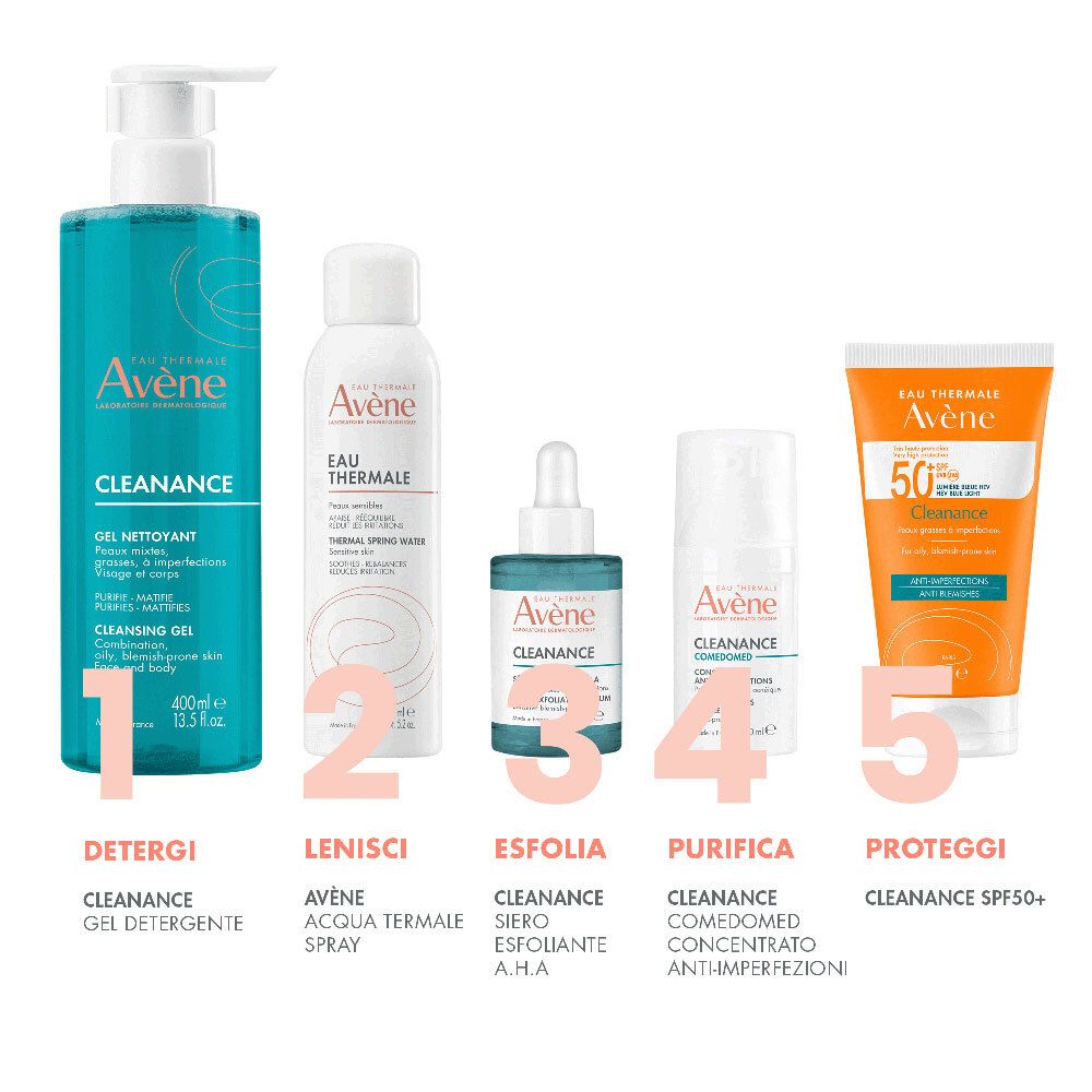Cinque prodotti Avène: gel detergente, spray acqua termale, siero, crema, crema solare.