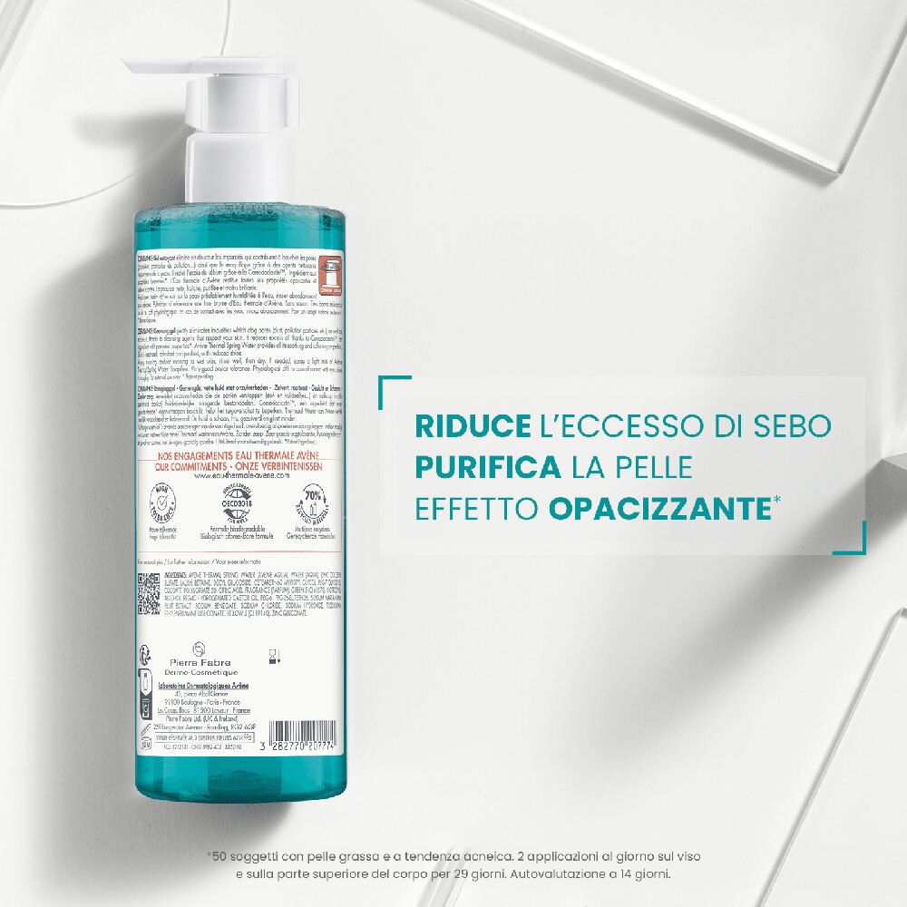 Retro del flacone Avène Cleanance. Testo: Riduce l'eccesso di sebo, purifica la pelle, effetto opacizzante.