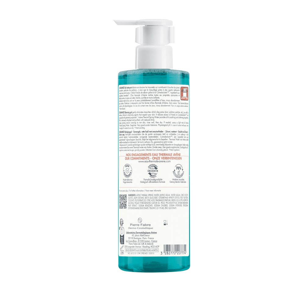 Retro del flacone Avène Cleanance. Testo e loghi.