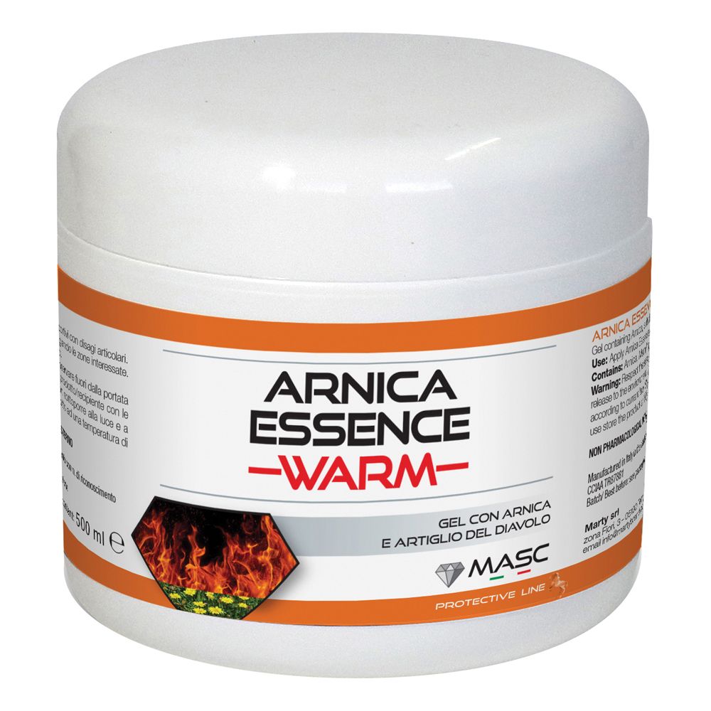 Vaso bianco con fascia arancione. Scritta: Arnica Essence Warm. Contiene 500 ml. Con immagine di fiamme.
