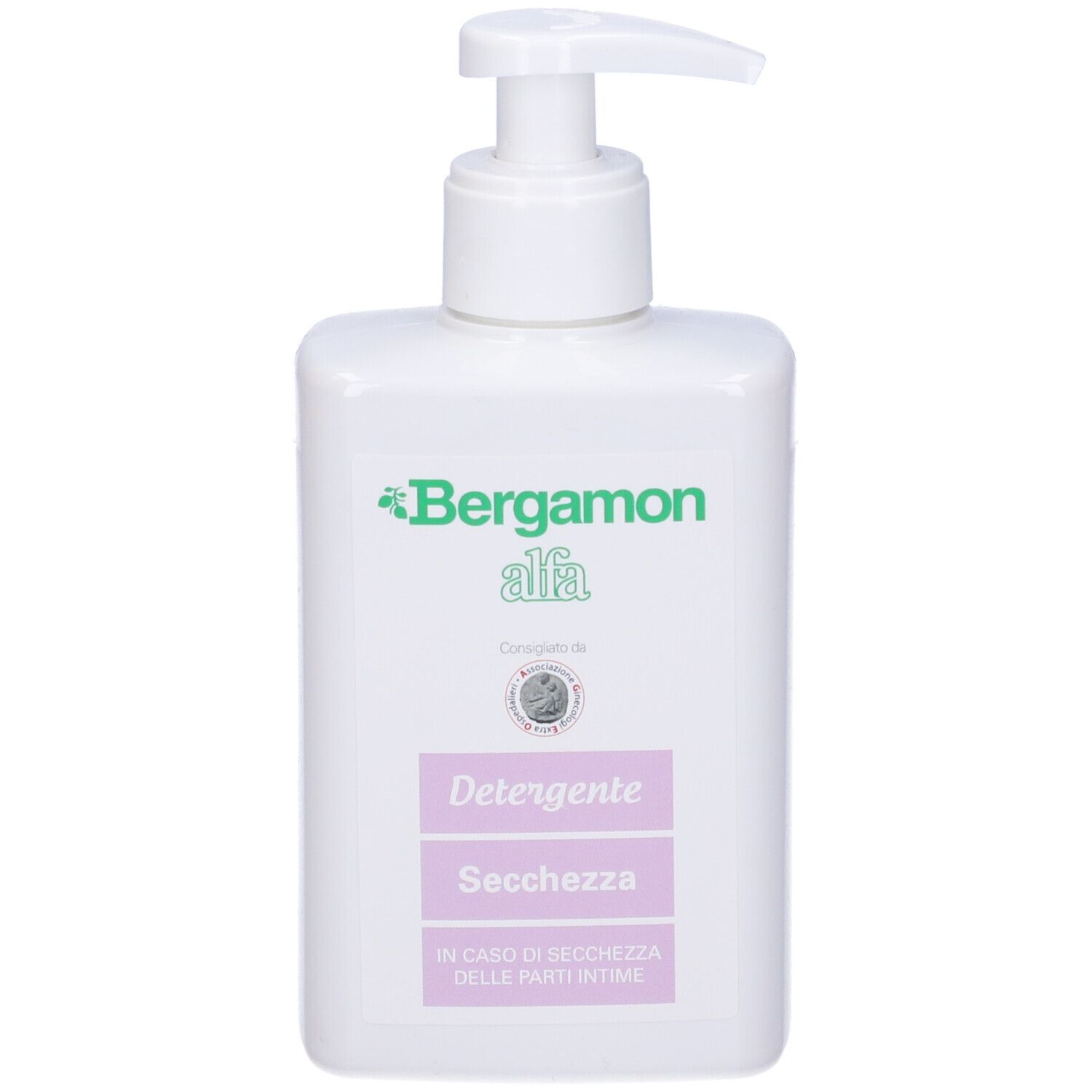 Flacone bianco con dosatore. Scritta Bergamon alfa, Detergente, Secchezza. Per le parti intime.