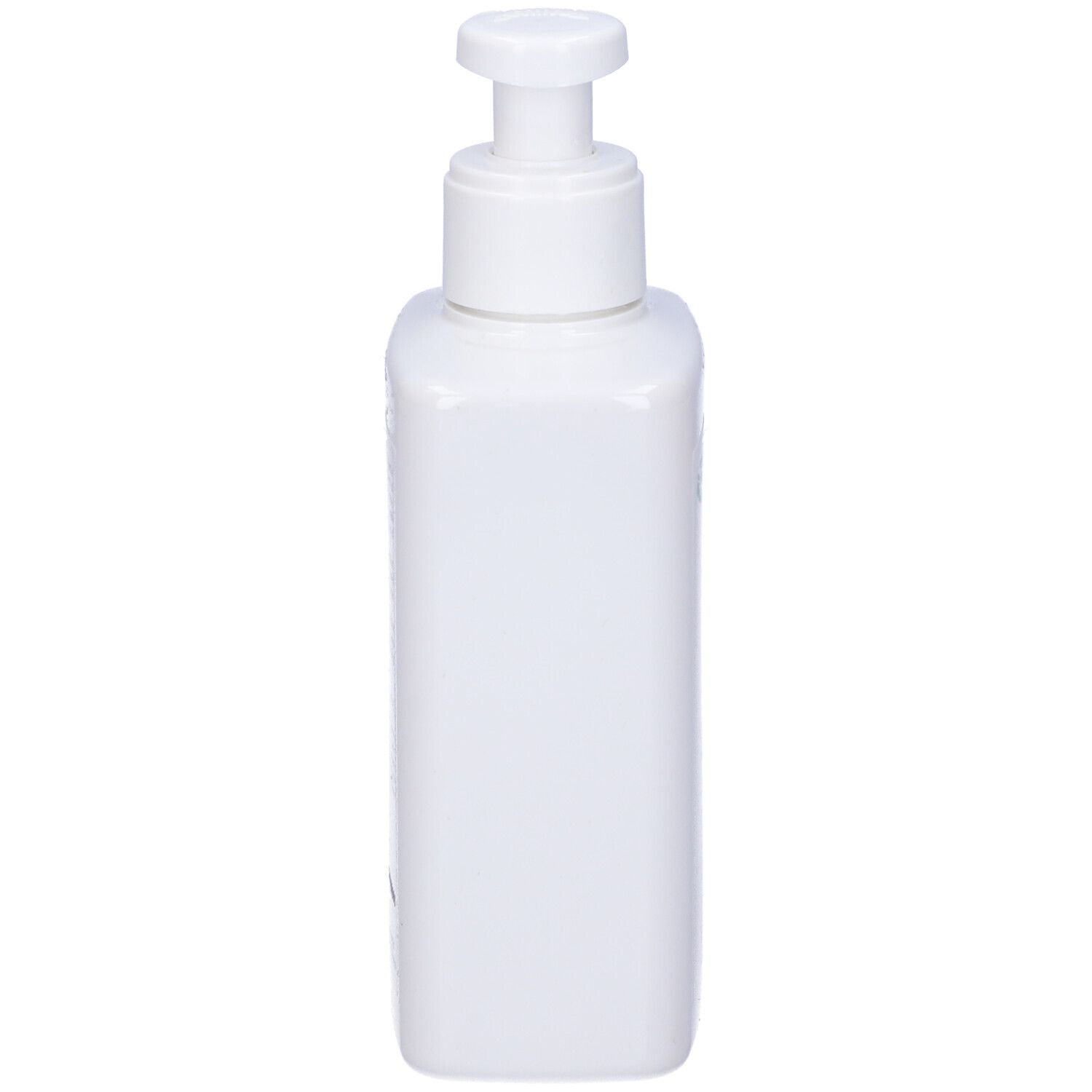 Flacone bianco rettangolare con dosatore. Nessuna scritta visibile.