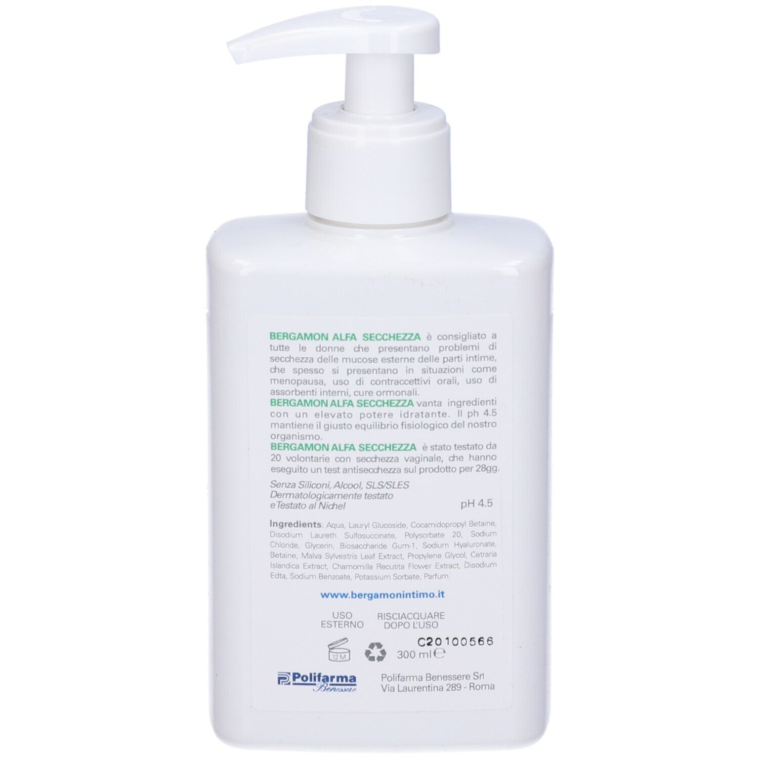 Retro di flacone bianco con dosatore. Testo: Bergamon alfa, ingredienti, pH 4.5, 300 ml.