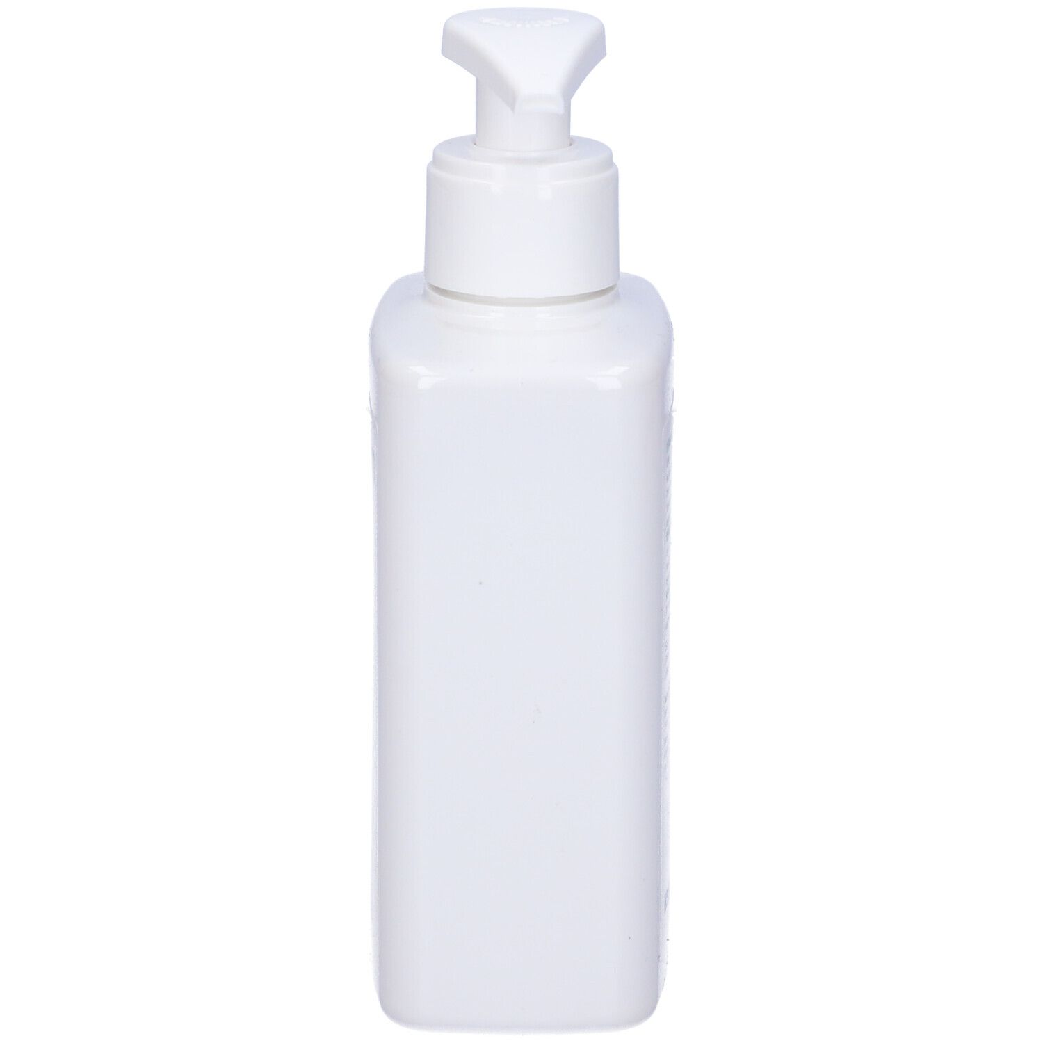 Flacone bianco rettangolare con dosatore. Nessuna scritta visibile.