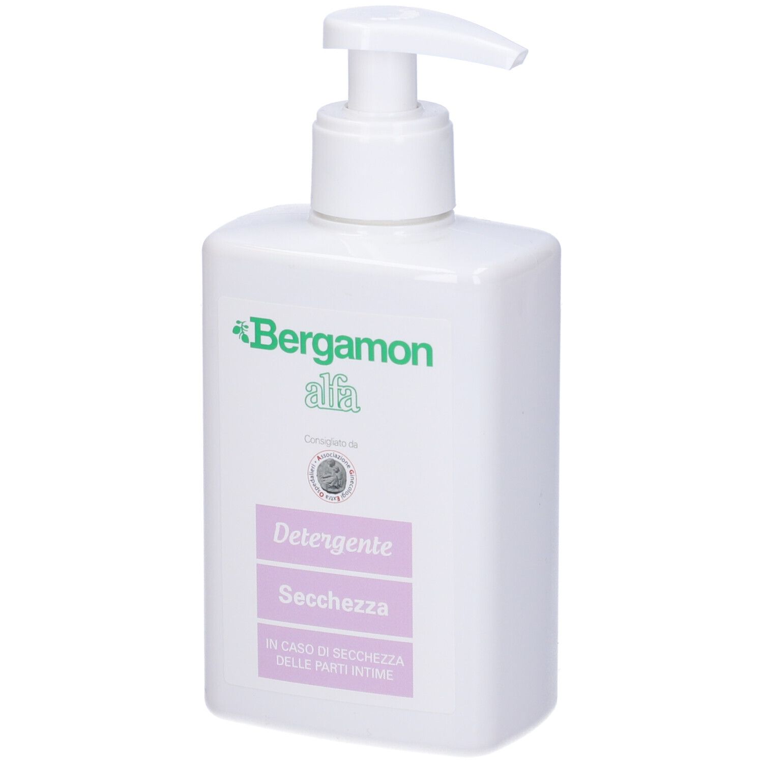 Flacone bianco con dosatore. Scritta Bergamon alfa, Detergente, Secchezza. Per le parti intime.