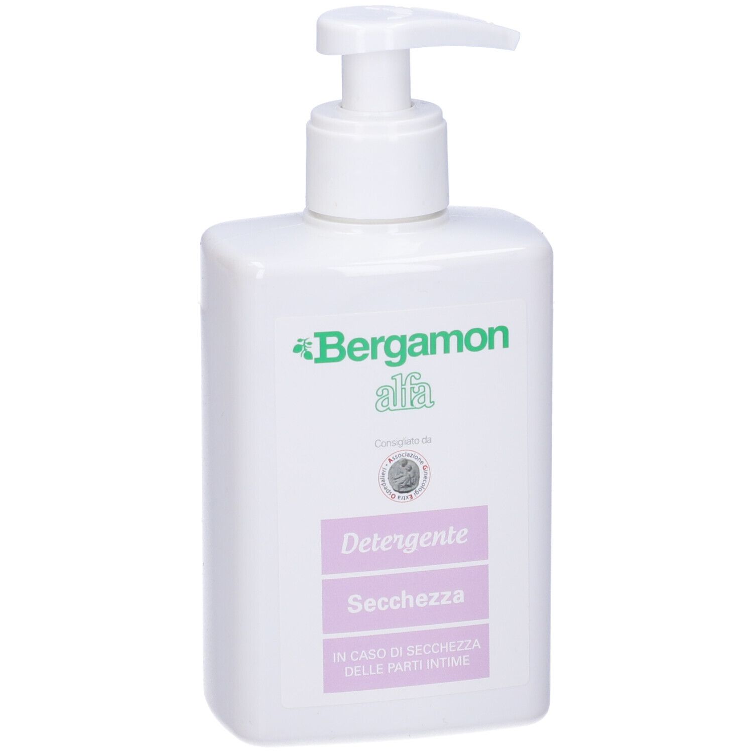 Flacone bianco con dosatore. Scritta Bergamon alfa, Detergente, Secchezza. Per le parti intime.