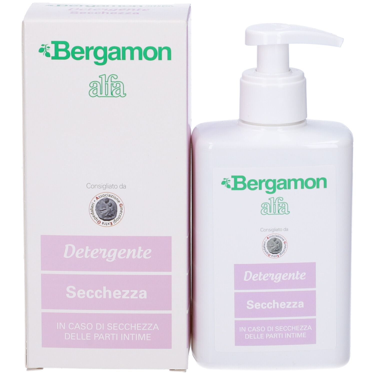 Confezione del prodotto con flacone e scatola. Scritta Bergamon alfa, Detergente, Secchezza. Per le parti intime.