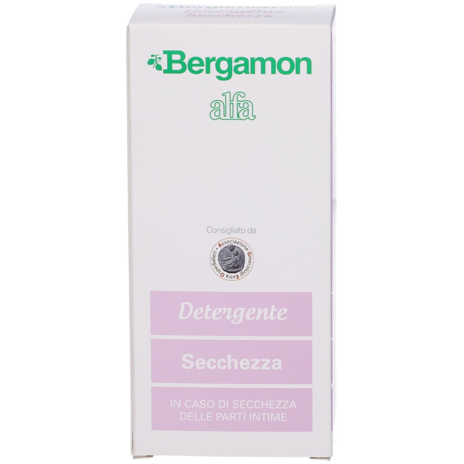 Confezione in cartone. Scritta Bergamon alfa, Detergente, Secchezza. Per le parti intime.
