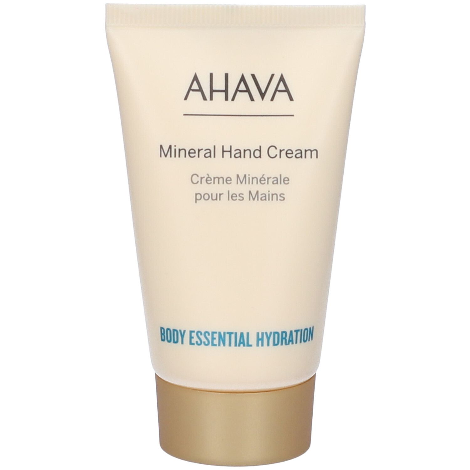 Creme-Tube, AHAVA Mineral Hand Cream. Beige Tube mit goldenem Deckel. Schriftzug AHAVA und Produktbezeichnung.