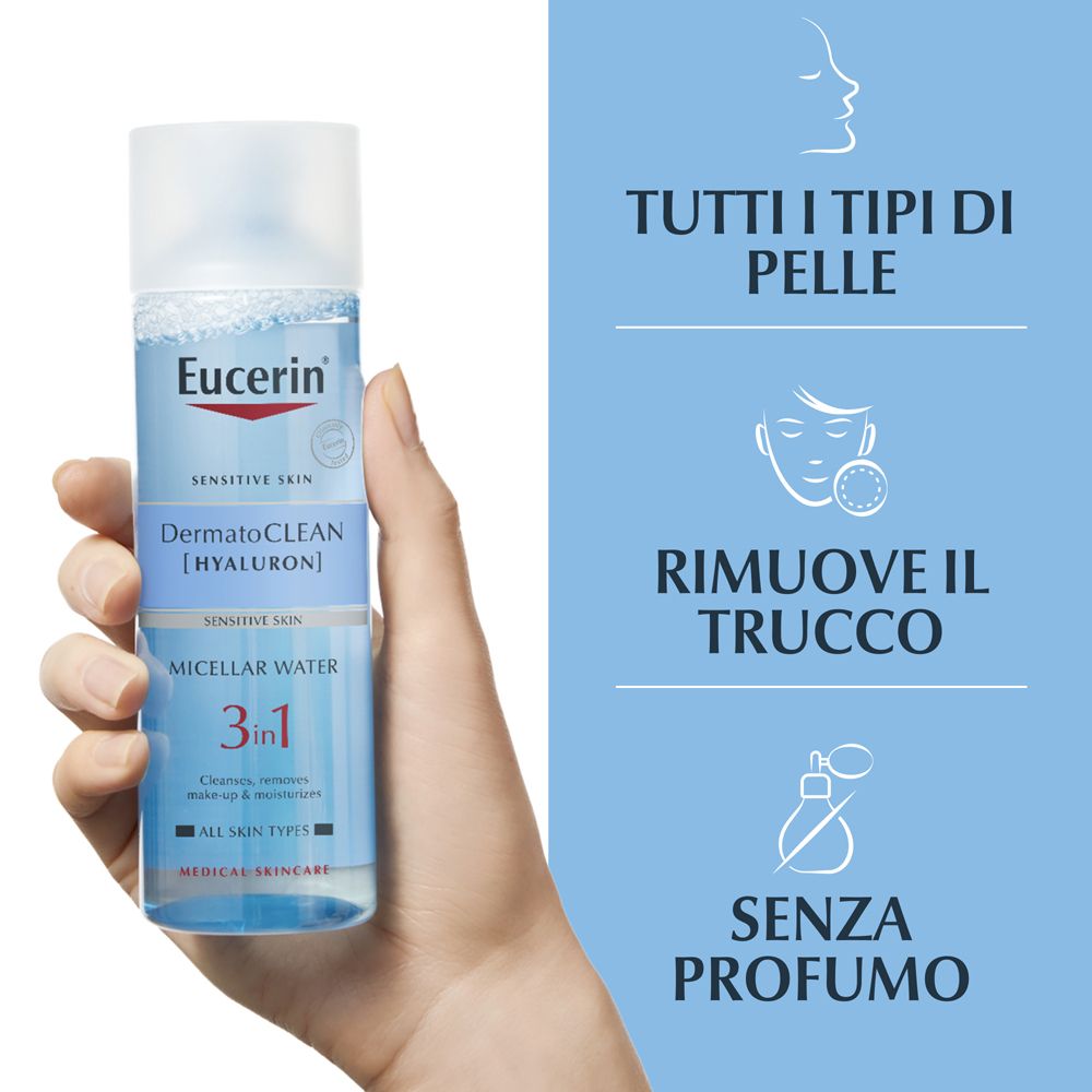 Mano tiene Eucerin DermatoCLEAN [HYALURON] Acqua Micellare. Testo: Tutti i tipi di pelle, rimuove trucco, senza profumo.