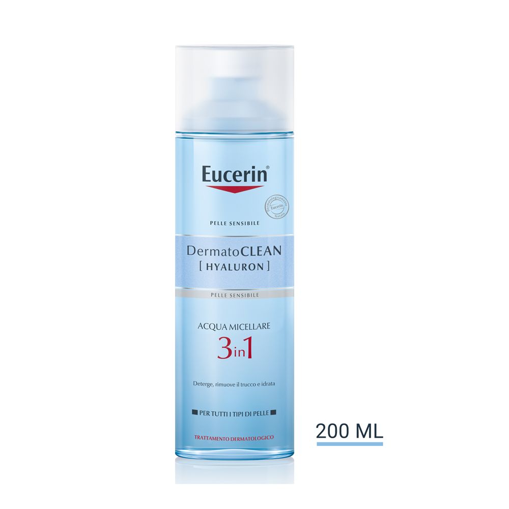 Eucerin DermatoCLEAN [HYALURON] Acqua Micellare 3 in 1. Flacone blu, tappo bianco. 200 ml.