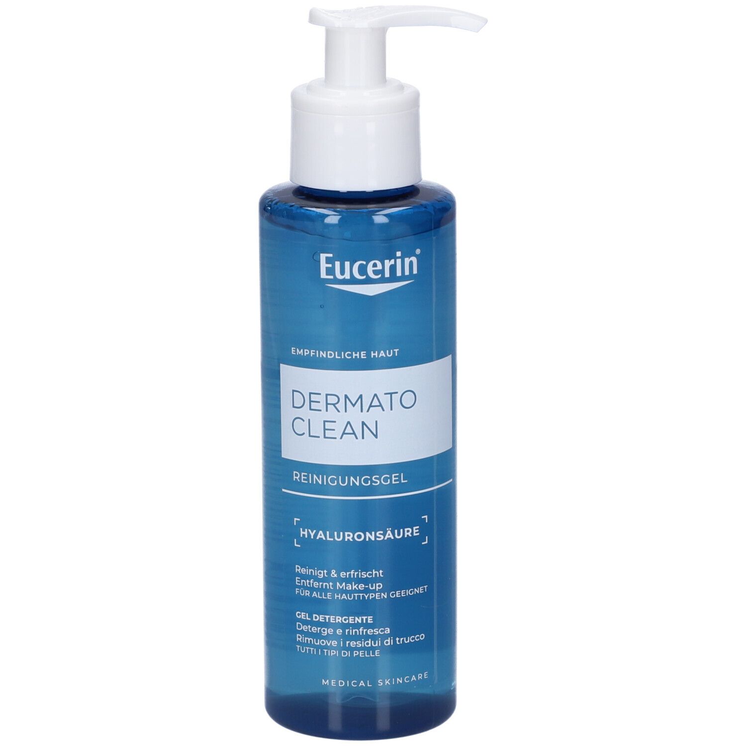 Eucerin Dermato Clean Reinigungsgel mit Hyaluronsäure in einem blauen Pumpspender.
