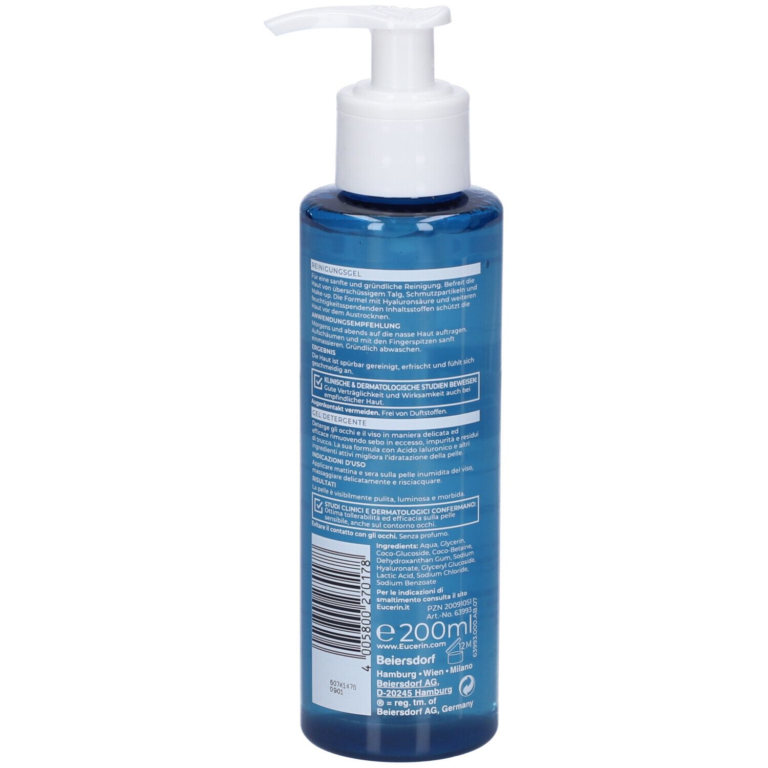 Blauer Pumpflaschen-Reinigungsgel mit weißem Pumpaufsatz, 200ml.