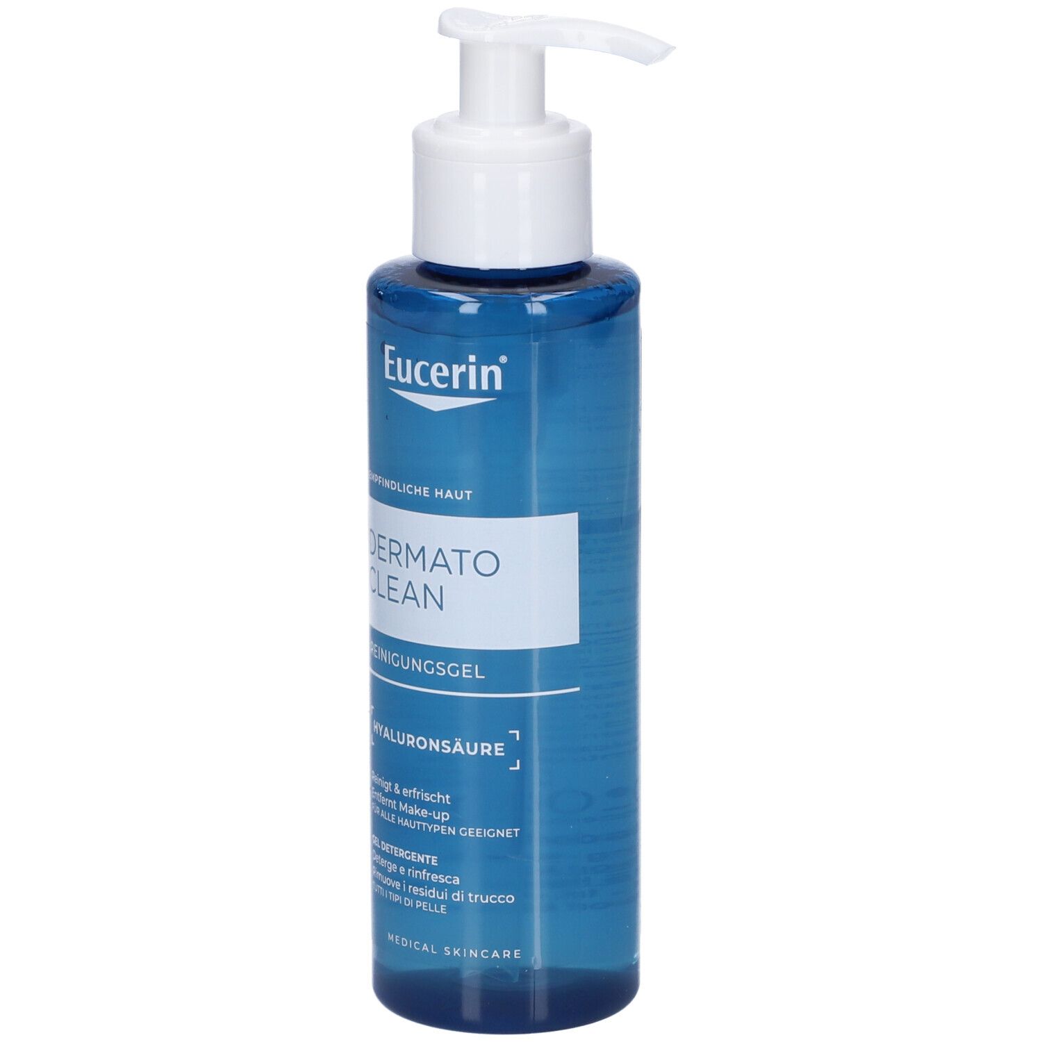 Eucerin Dermato Clean Reinigungsgel mit Hyaluronsäure in einem blauen Pumpspender.
