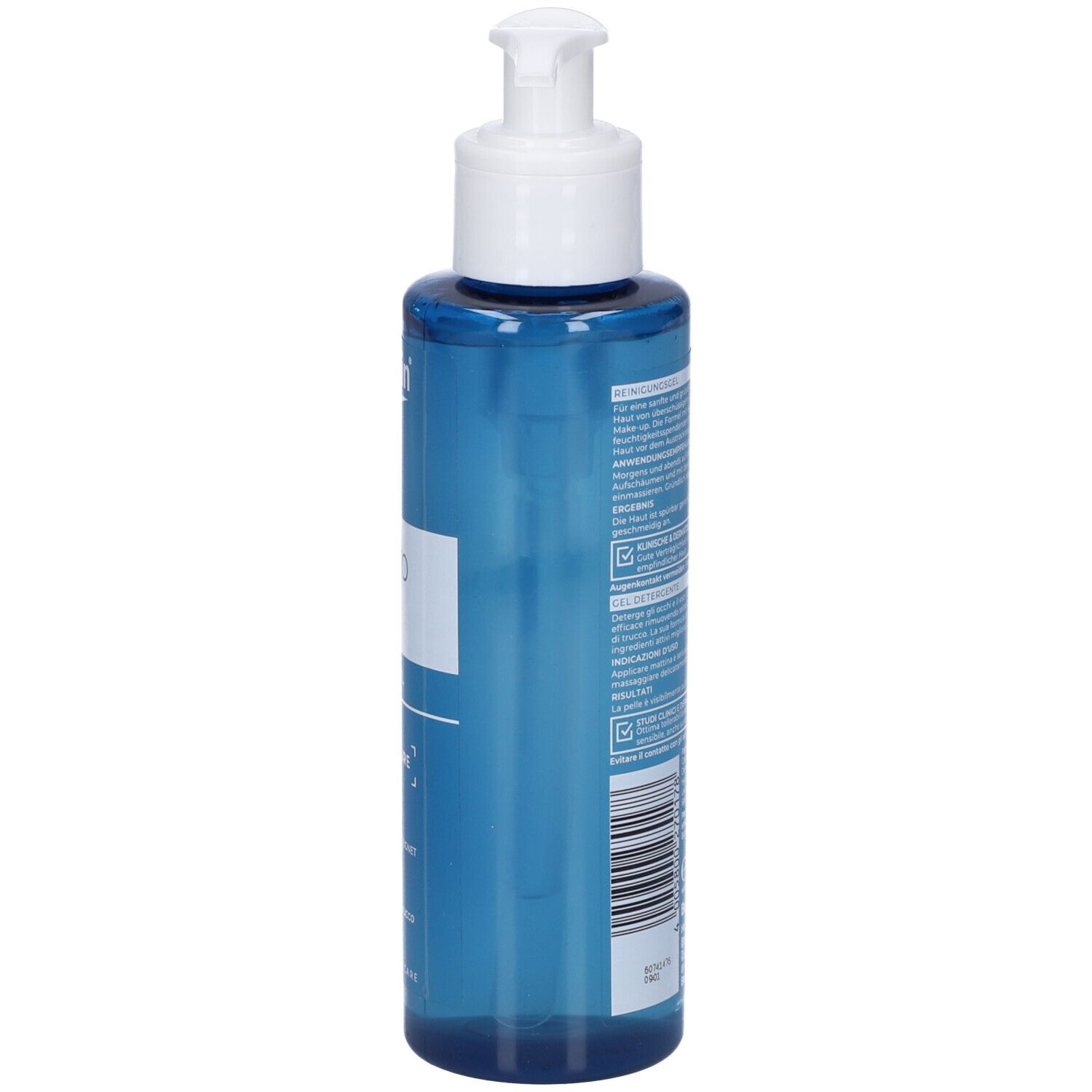Blaue Pumpflasche mit transparentem Inhalt und weißem Pumpaufsatz.