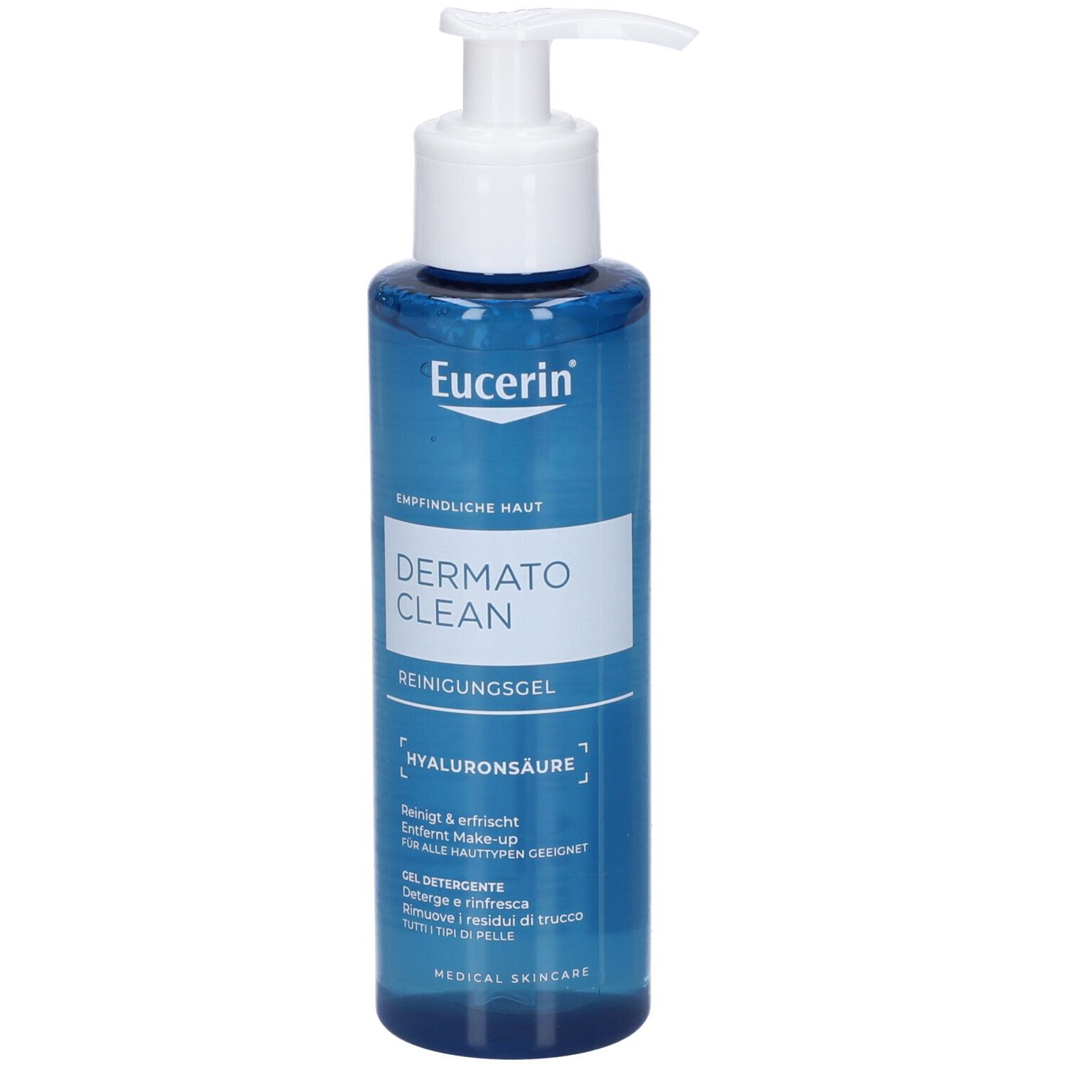 Eucerin Dermato Clean Reinigungsgel mit Hyaluronsäure in einem blauen Pumpspender.