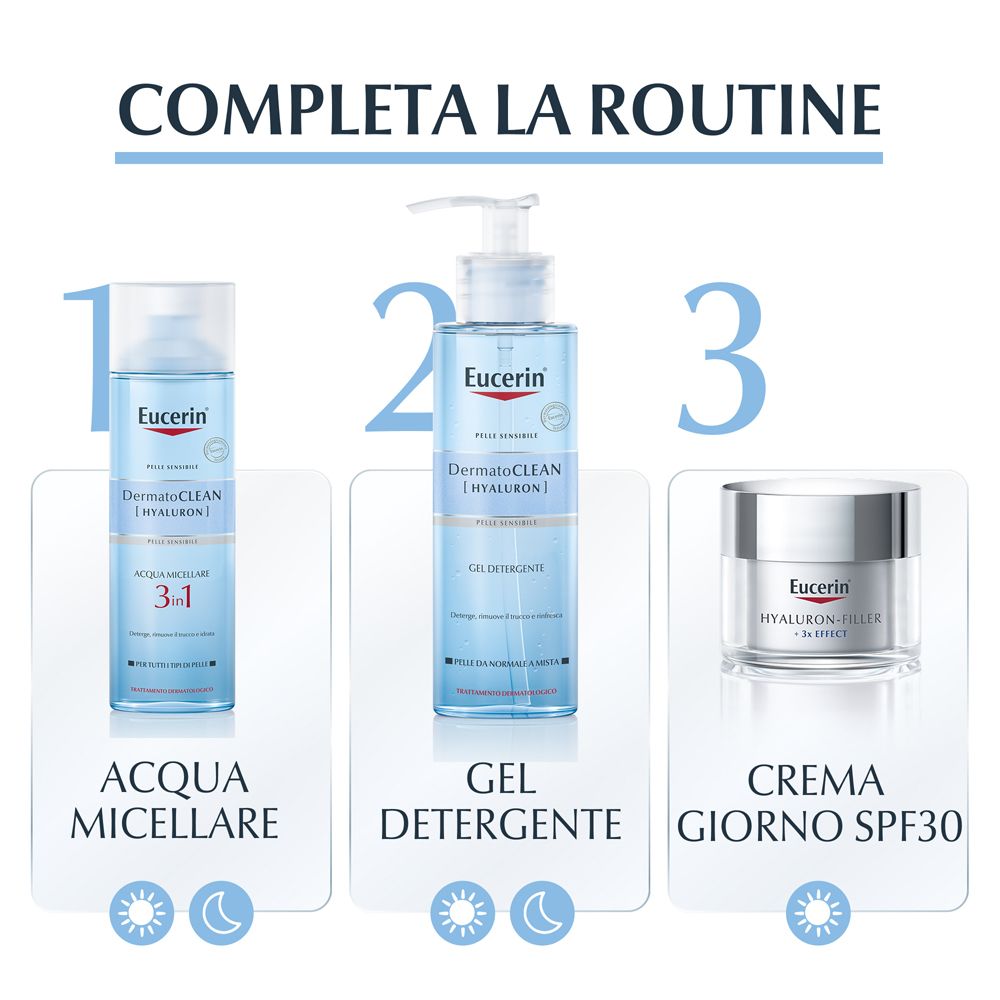 Drei Produkte: Mizellenwasser, Reinigungsgel, Tagescreme SPF30. Eucerin DermatoCLEAN [HYALURON].