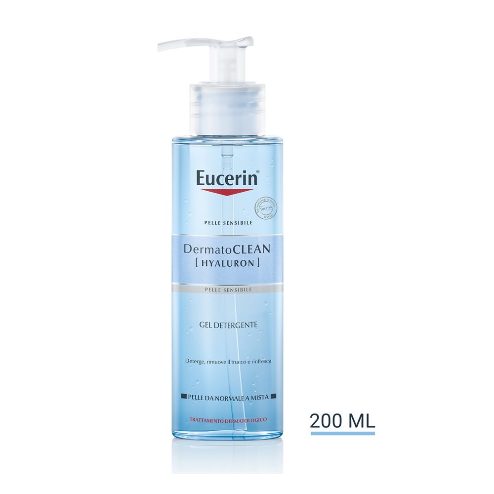 Eucerin DermatoCLEAN [HYALURON] Reinigungsgel in einer 200 ml Flasche mit Pumpe.