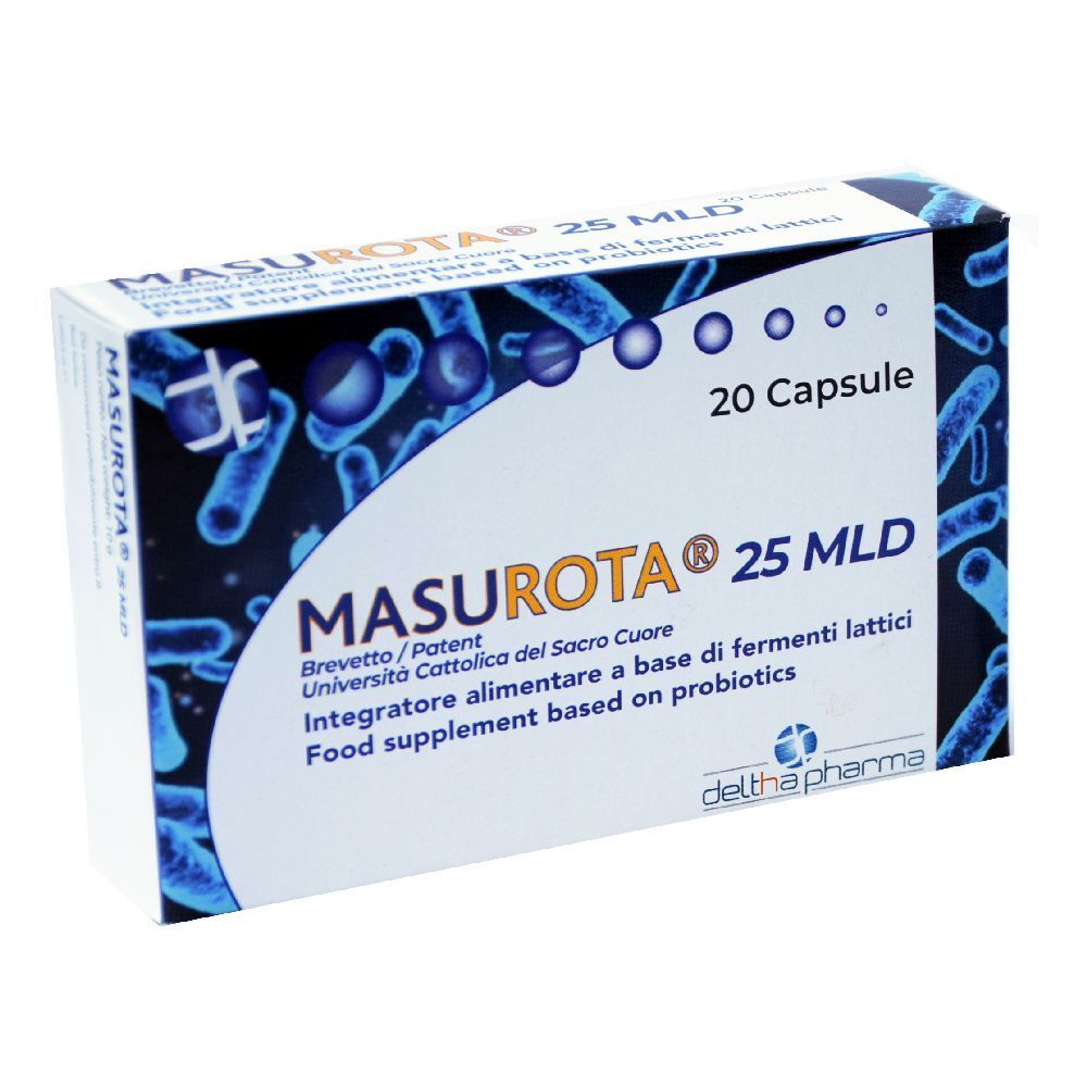 Scatola di Masurota 25 MLD, 20 capsule. Confezione blu e bianca con nome e logo del prodotto.