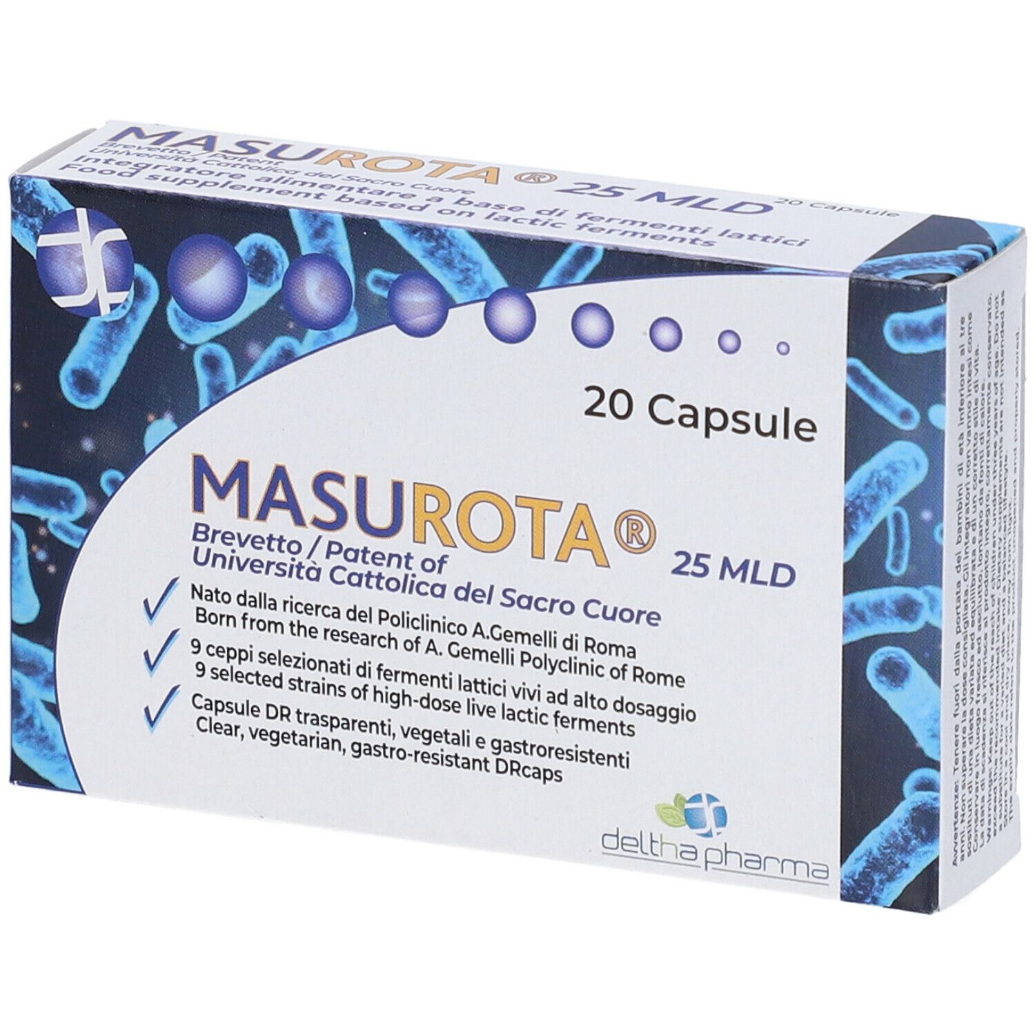 Scatola Masurota 25 MLD, 20 capsule. Motivi batterici blu. Nome, logo e informazioni sul prodotto.