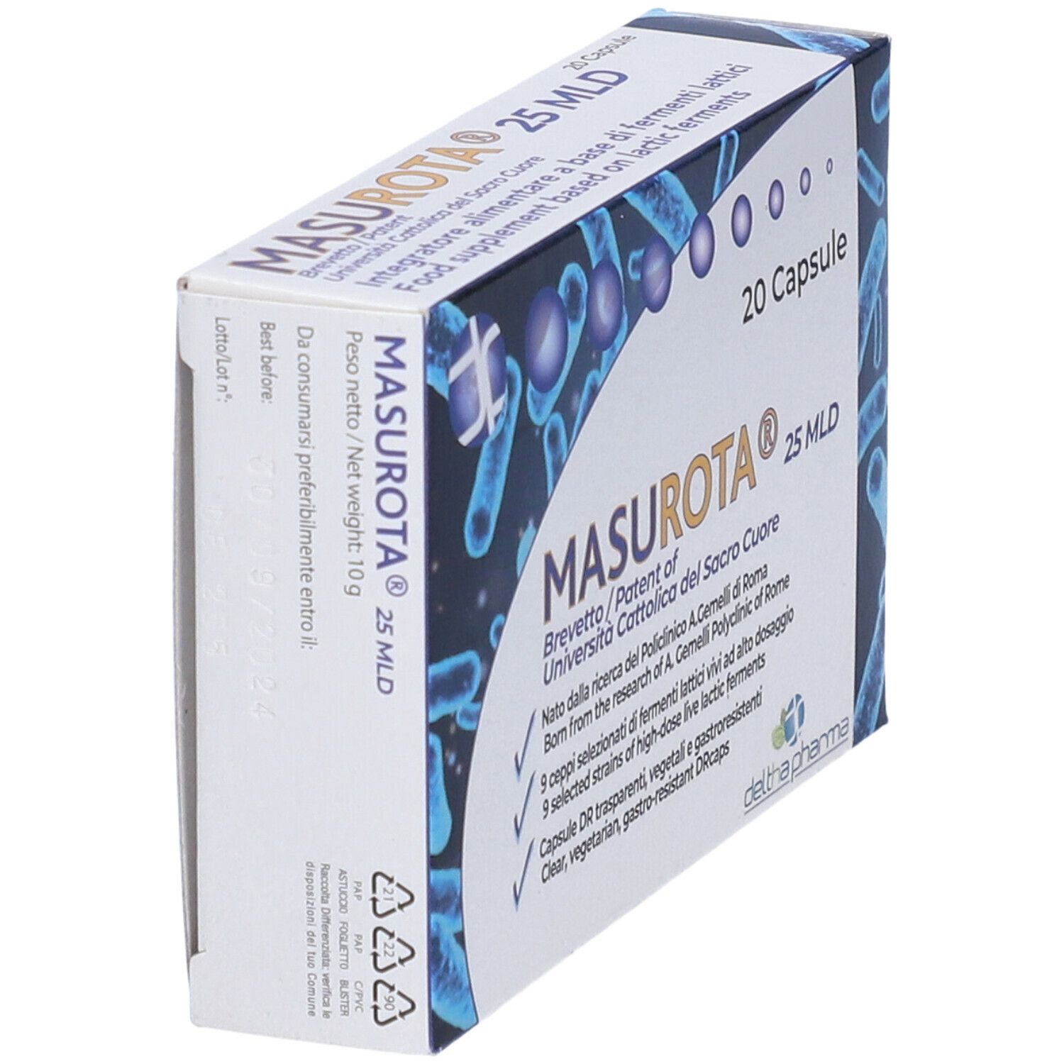 Scatola Masurota 25 MLD, 20 capsule. Motivi batterici blu. Nome, logo e informazioni sul prodotto.