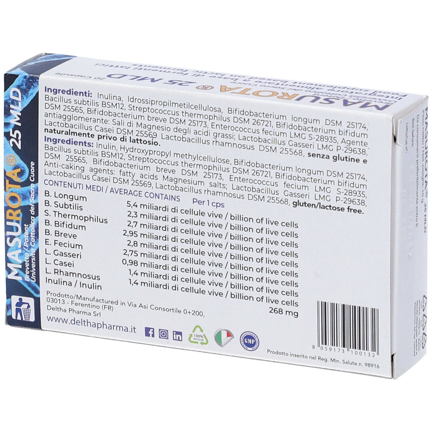 Retro della scatola Masurota 25 MLD. Contiene ingredienti, informazioni nutrizionali e informazioni del produttore.