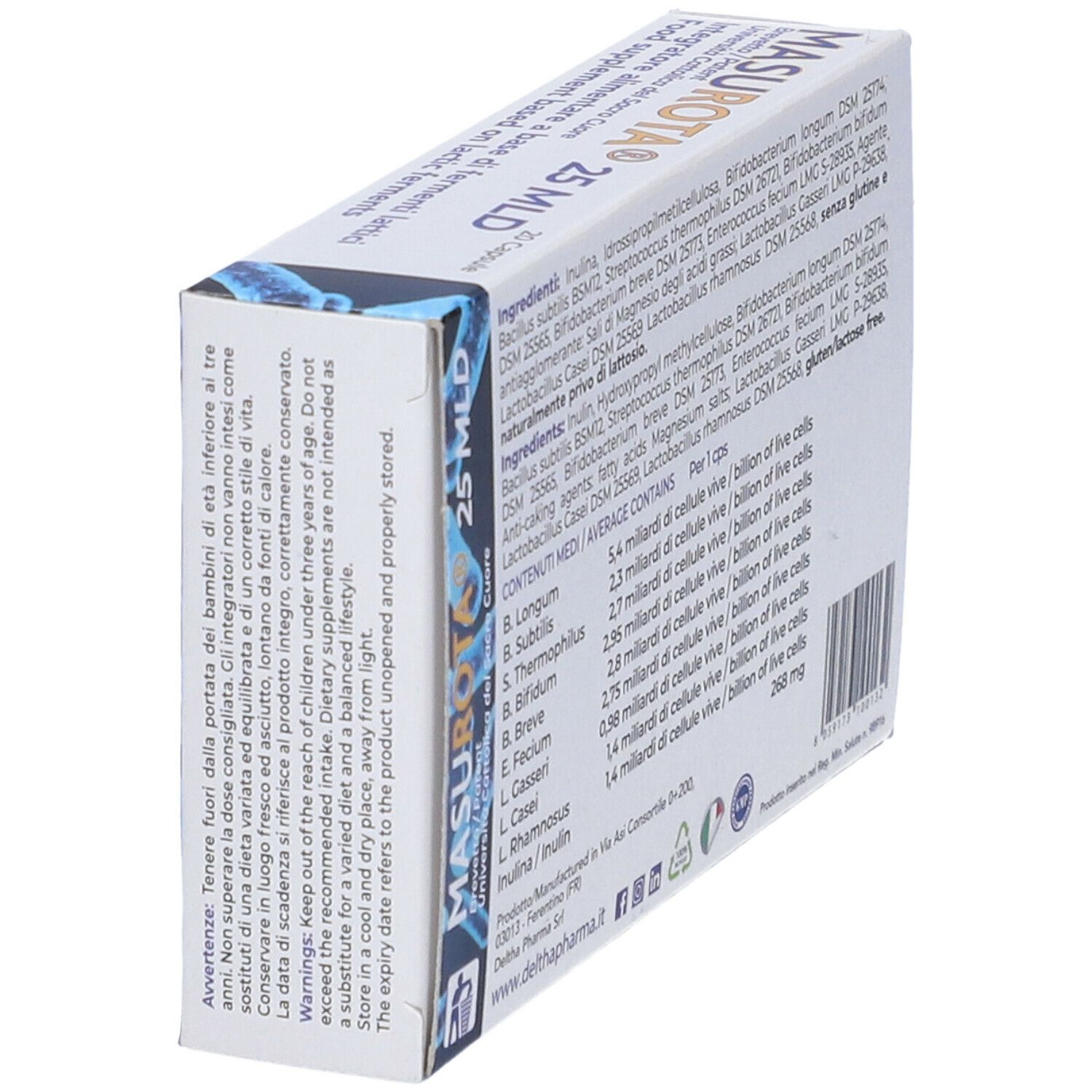 Scatola Masurota 25 MLD, retro. Contiene ingredienti, informazioni nutrizionali e avvertenze.