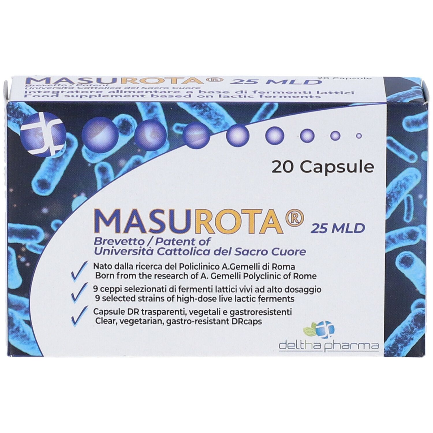 Scatola Masurota 25 MLD, 20 capsule. Motivi batterici blu. Nome, logo e informazioni sul prodotto.
