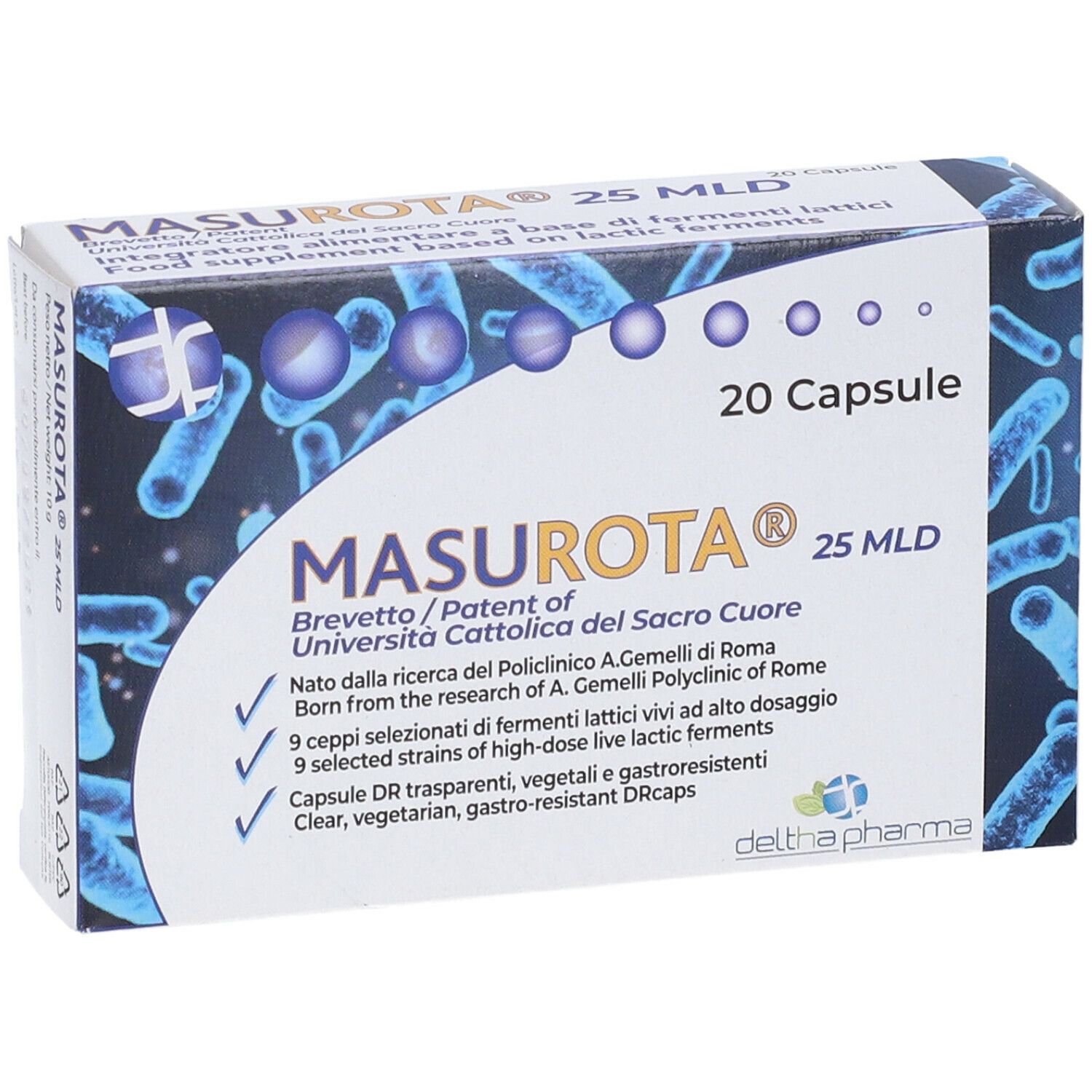 Scatola Masurota 25 MLD, 20 capsule. Motivi batterici blu. Nome, logo e informazioni sul prodotto.