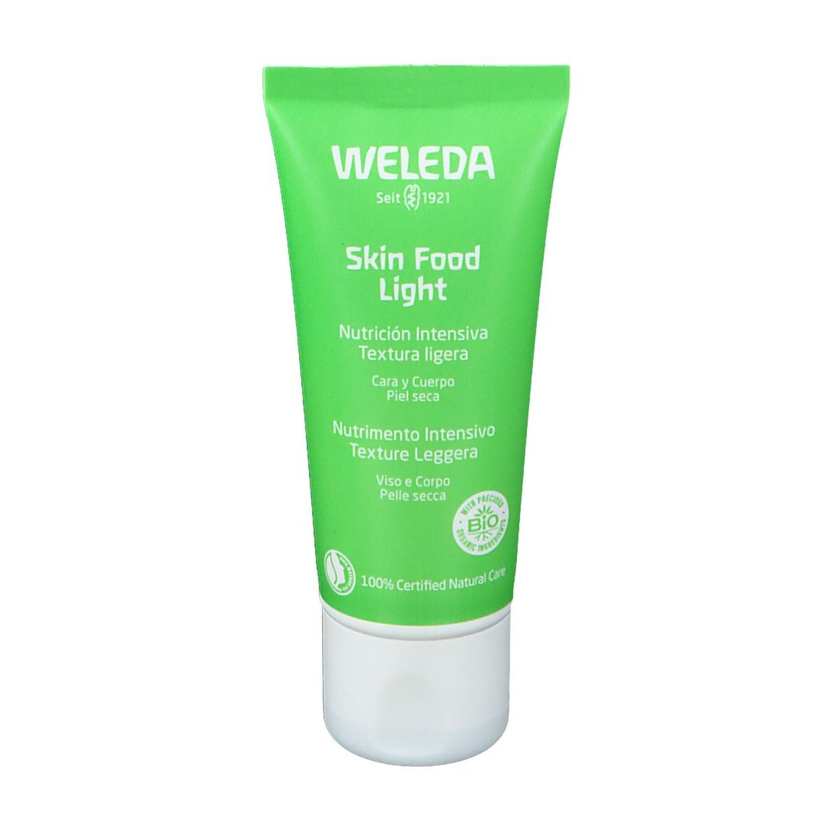 Tubo verde con tappo bianco. Logo "WELEDA" e scritta "Skin Food Light". Sigillo bio.
