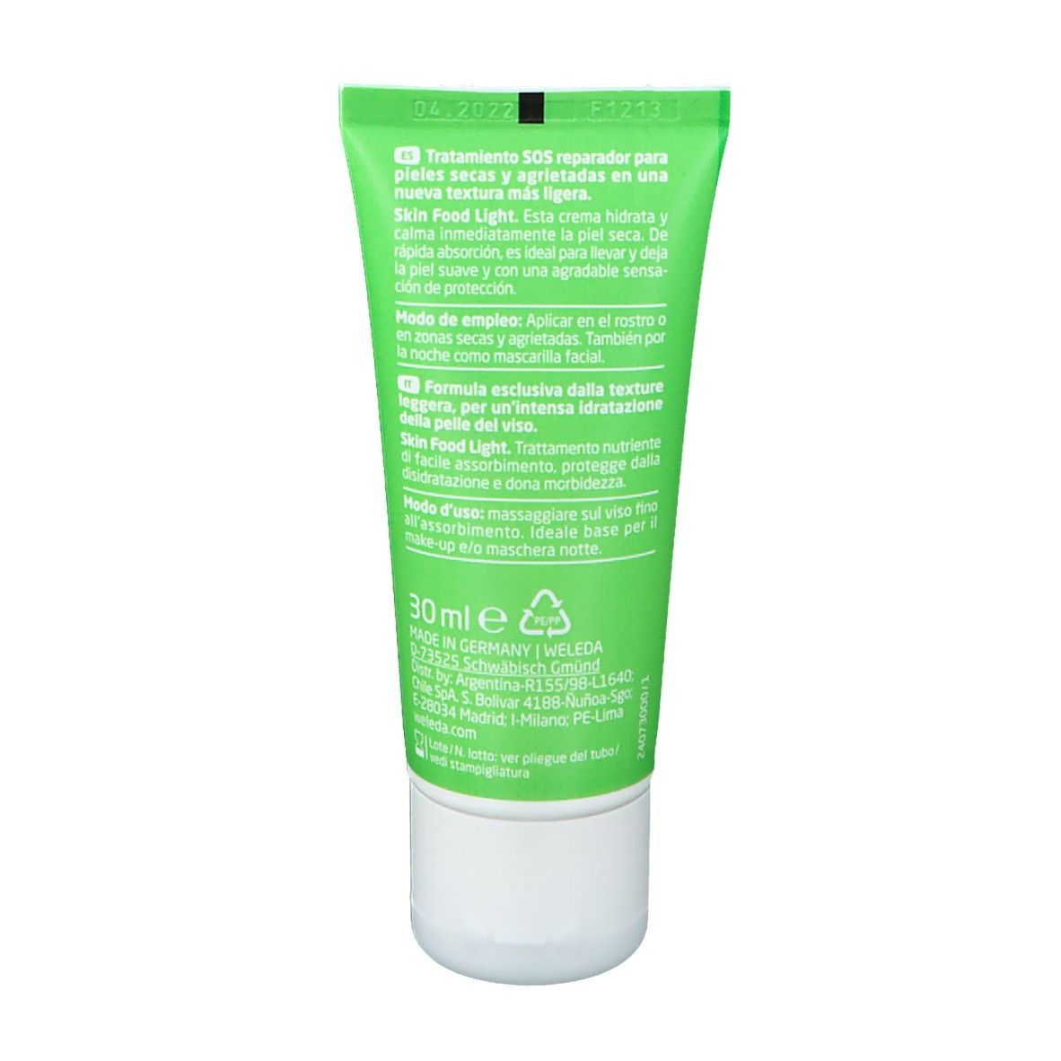 Retro del tubo verde. Testo multilingue, ingredienti, informazioni produttore, 30ml.