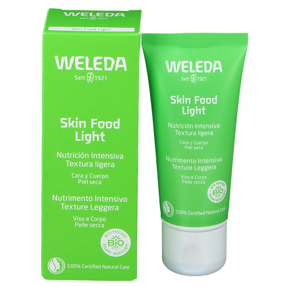 Tubo e confezione verdi affiancati. Logo "WELEDA", scritta "Skin Food Light", sigillo bio.