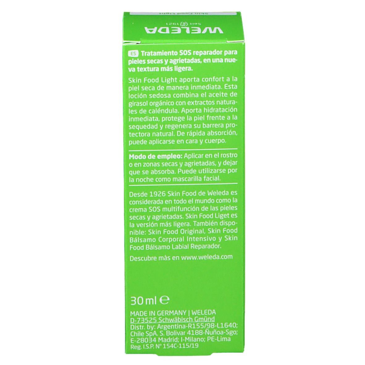 Retro della confezione verde. Testo multilingue, istruzioni per l'uso, 30ml.