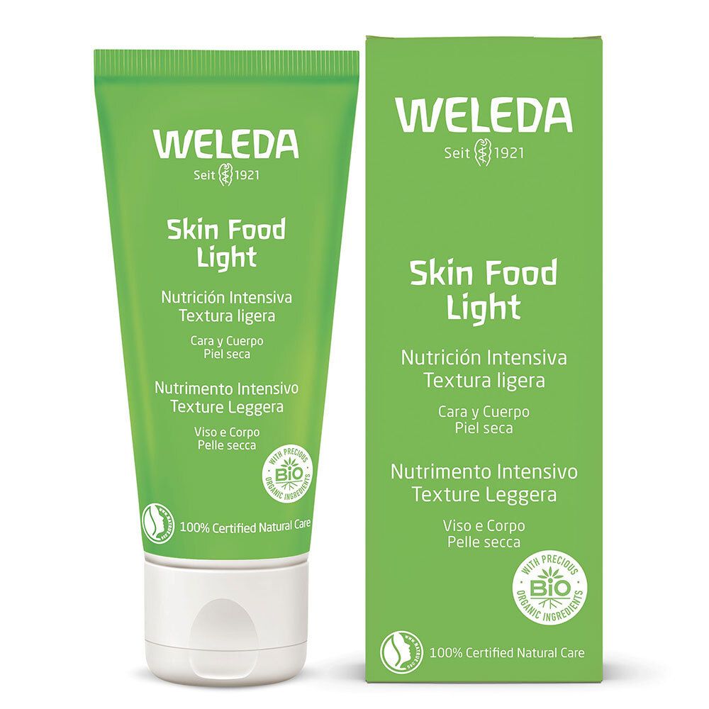 Tubo e confezione verdi con logo "WELEDA" e scritta "Skin Food Light". Prodotto e confezione affiancati.