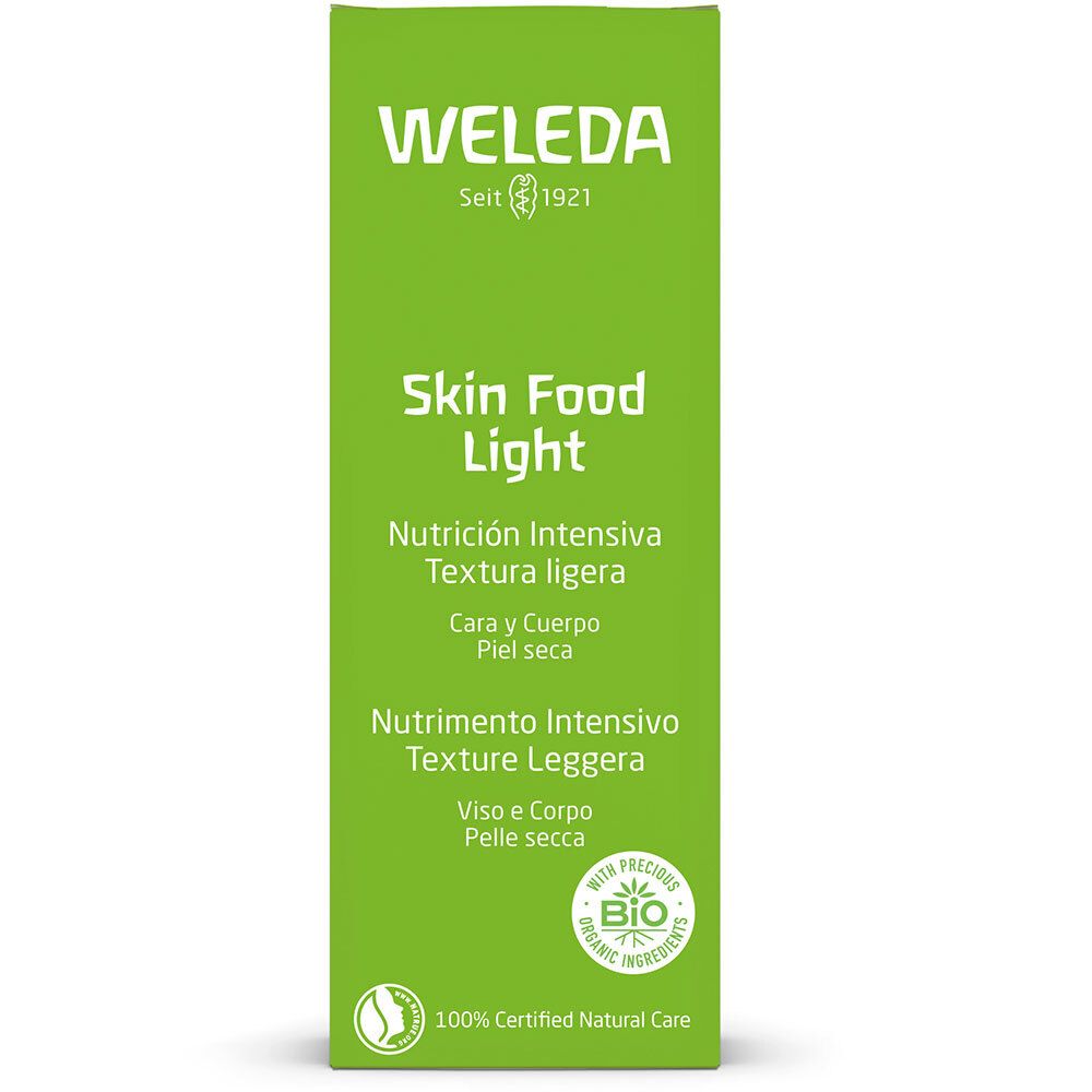 Confezione verde con logo "WELEDA" e scritta "Skin Food Light". Testo multilingue, sigillo bio.