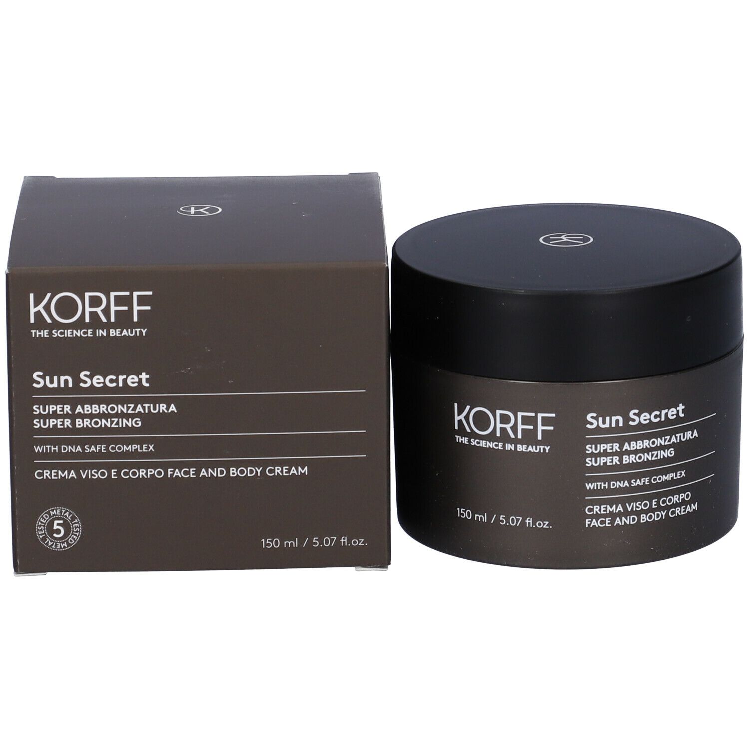 Barattolo di crema e confezione. Scritta: Sun Secret, Super Abbronzatura, Super Bronzing, Crema Viso E Corpo.