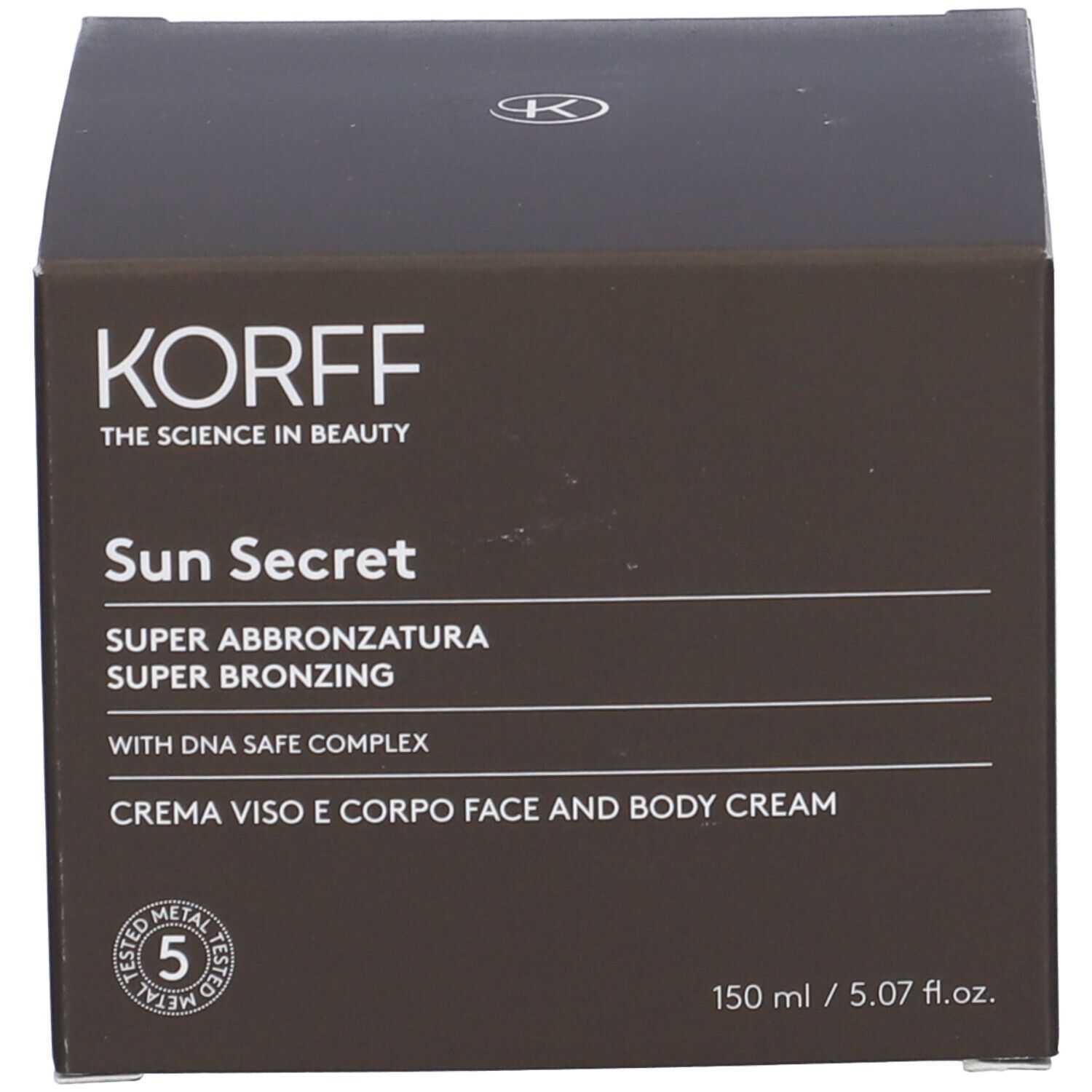 Confezione. Scritta: Sun Secret, Super Abbronzatura, Super Bronzing, Crema Viso E Corpo. 150 ml / 5.07 fl.oz.