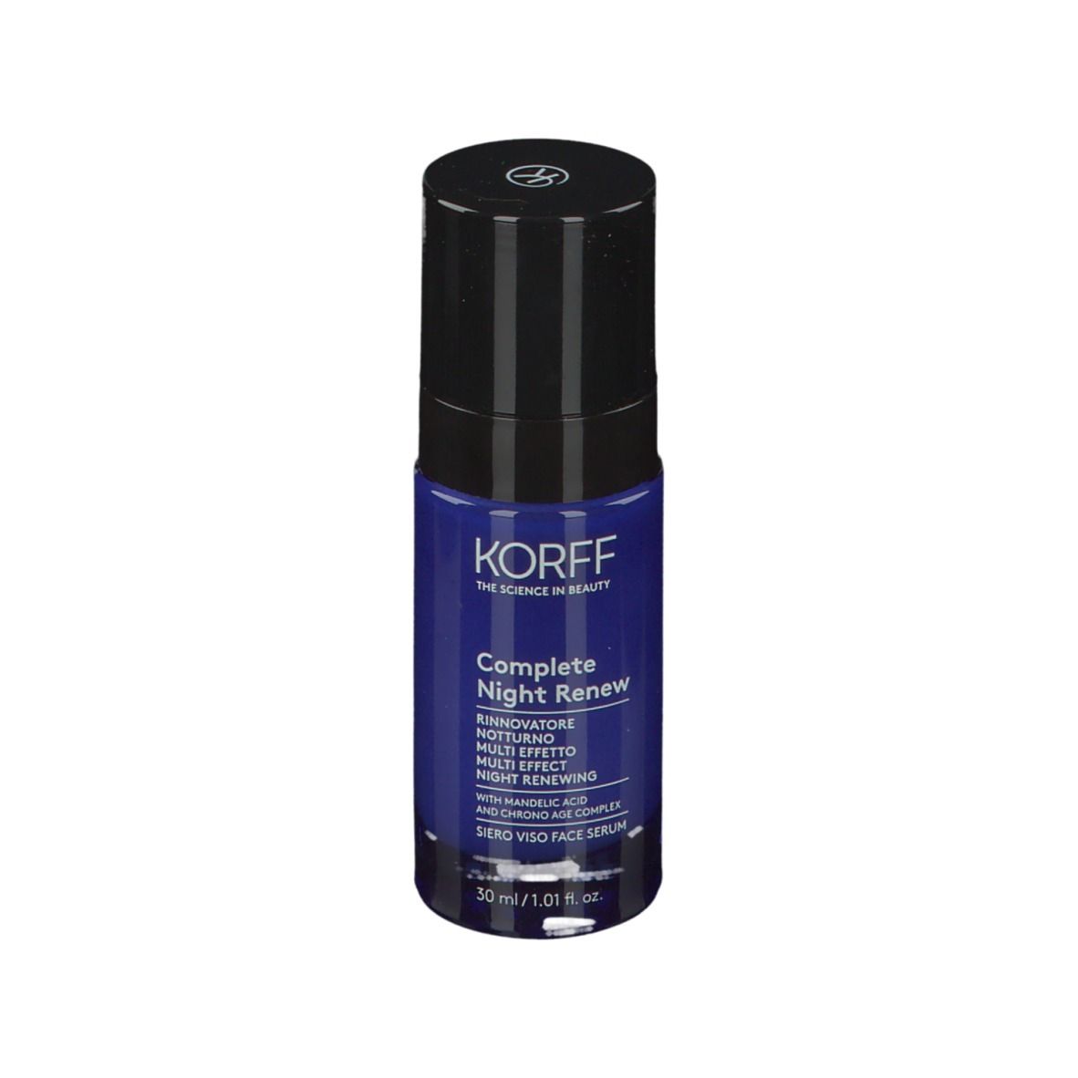 Flacone blu scuro con tappo nero. Scritta: KORFF, Complete Night Renew. 30 ml.