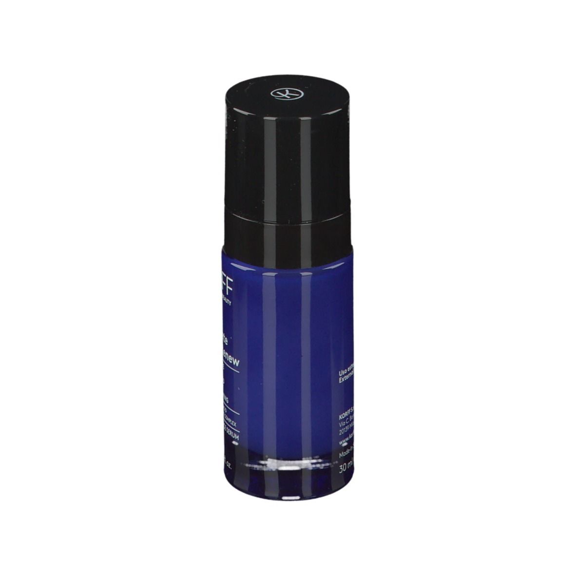 Flacone blu scuro con tappo nero. Scritta: KORFF, Complete Night Renew. 30 ml.