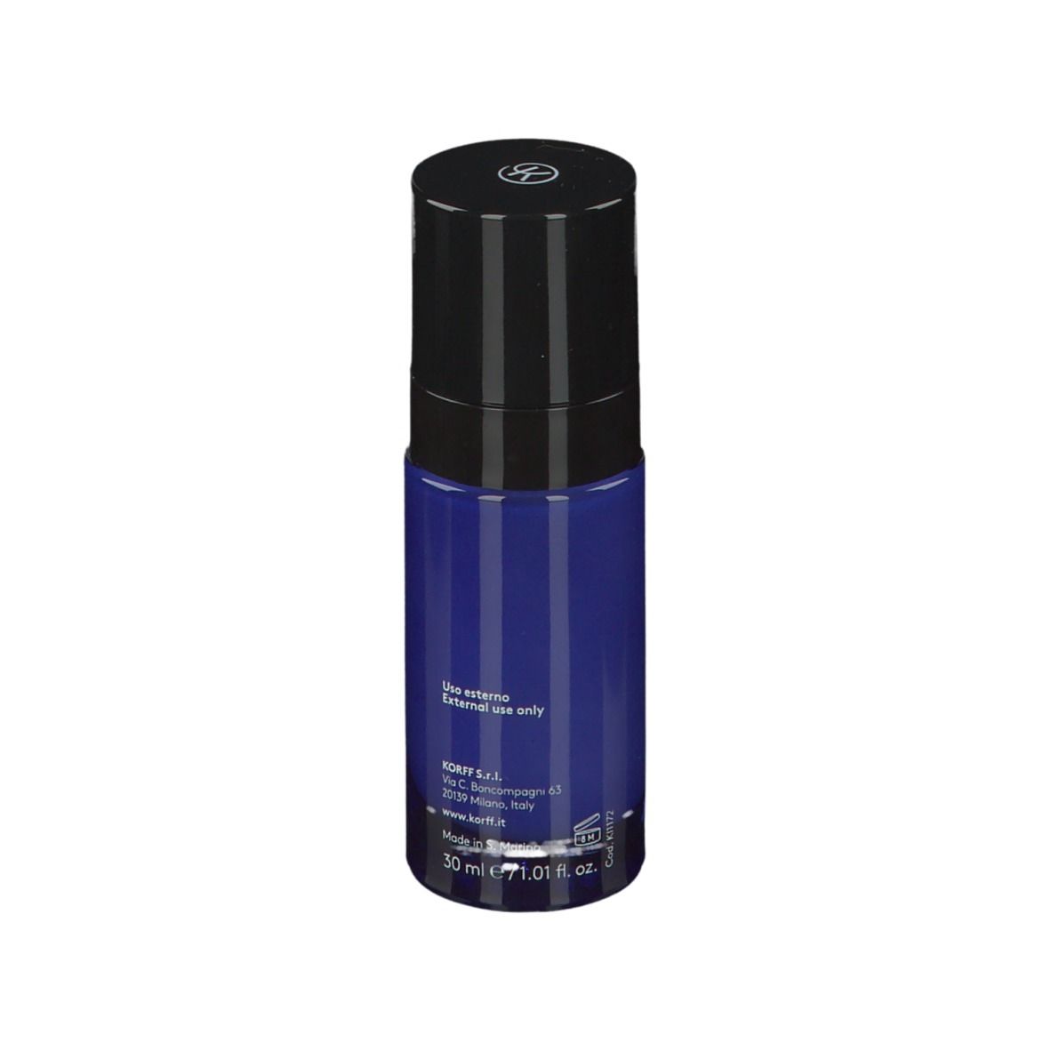 Flacone blu scuro con tappo nero. Scritta: KORFF, Complete Night Renew. 30 ml.