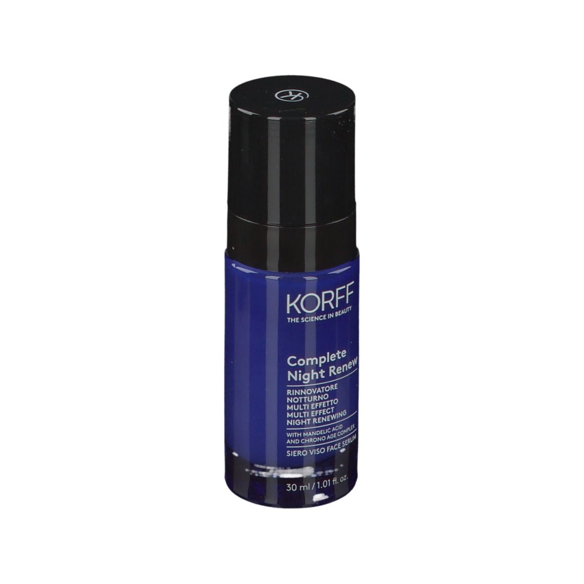 Flacone blu scuro con tappo nero. Scritta: KORFF, Complete Night Renew. 30 ml.