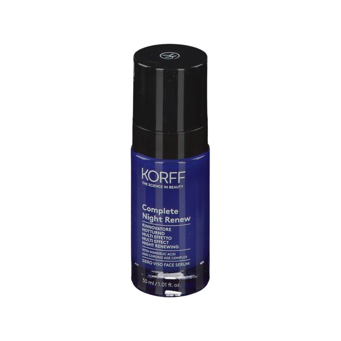 Flacone blu scuro con tappo nero. Scritta: KORFF, Complete Night Renew. 30 ml.