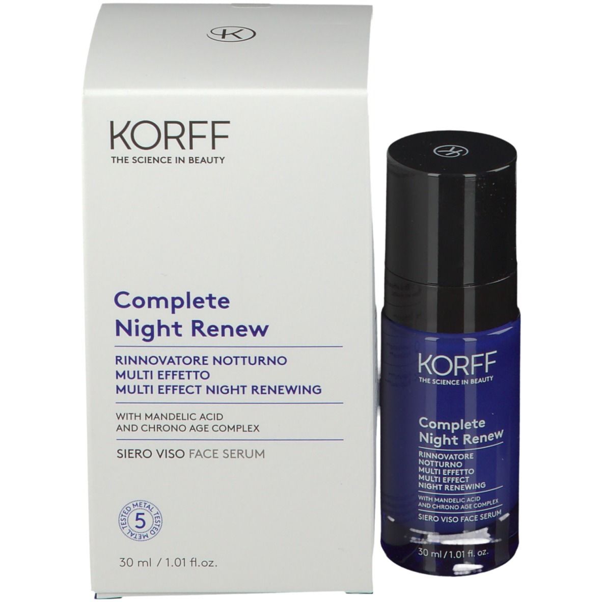 Prodotto e confezione. Scritta: KORFF, Complete Night Renew. 30 ml.