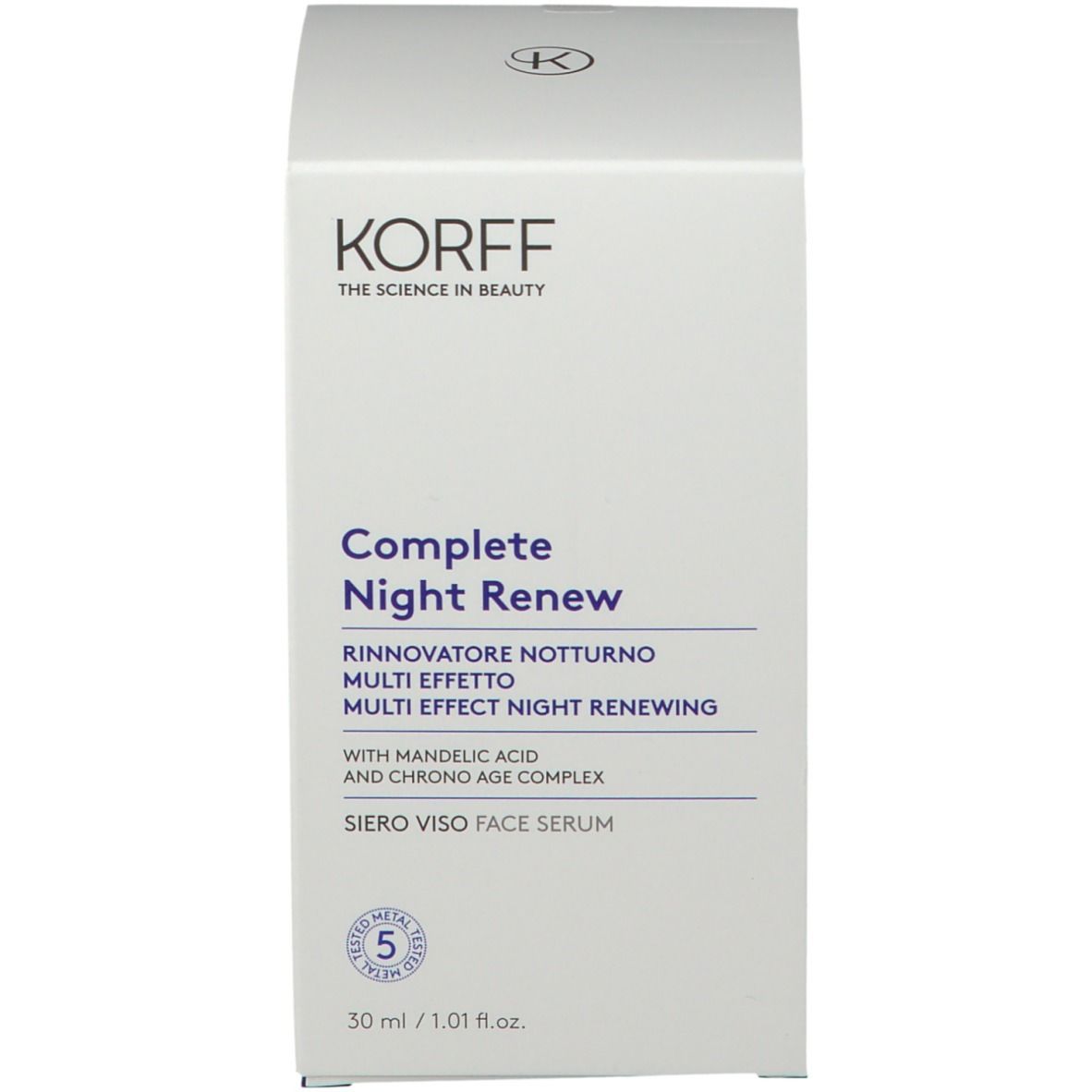 Confezione. Scritta: KORFF, Complete Night Renew. 30 ml.