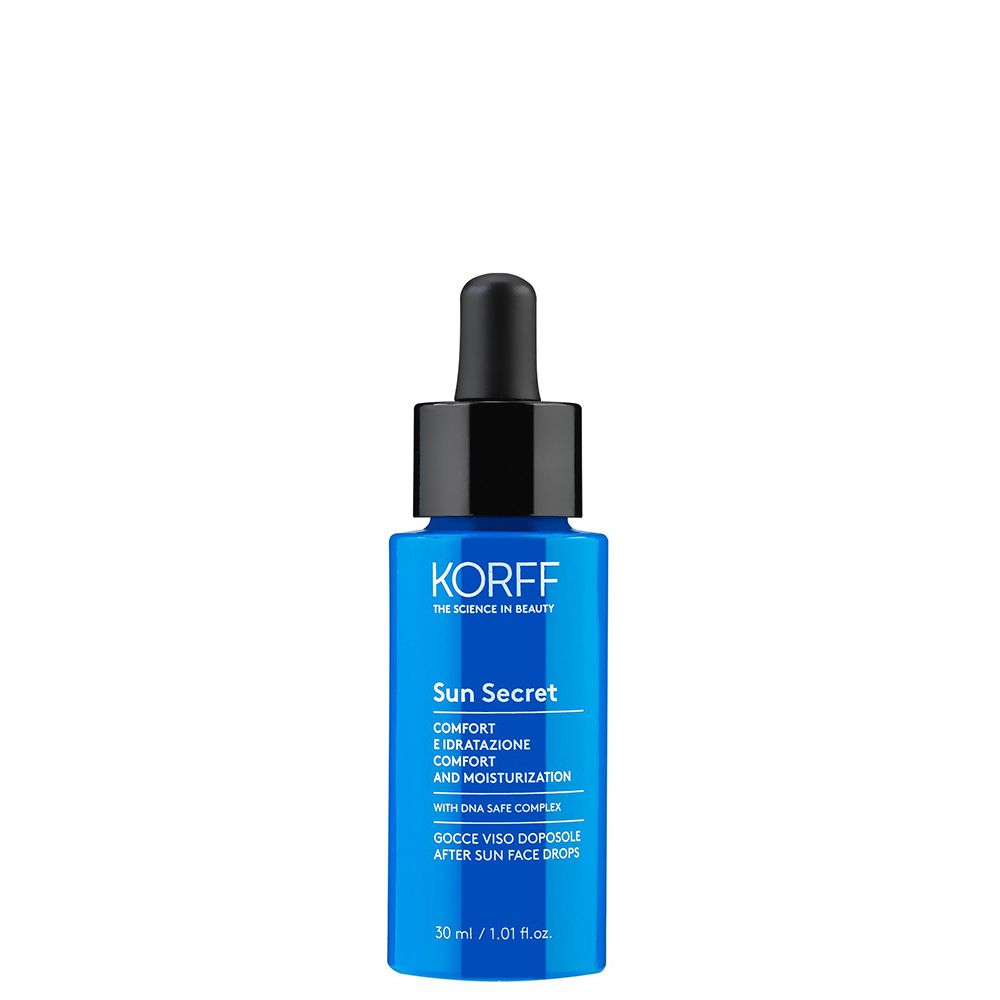 Flacone blu con tappo nero e pipetta. Scritta: Korff Sun Secret, Gocce Doposole. 30 ml.