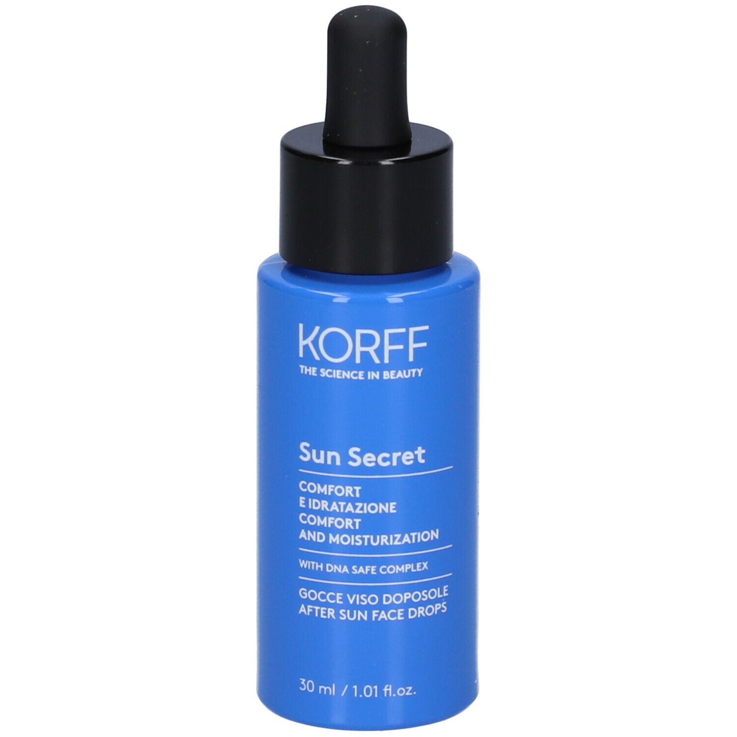 Flacone blu con tappo nero e pipetta. Scritta: Korff Sun Secret, Gocce Doposole. 30 ml.