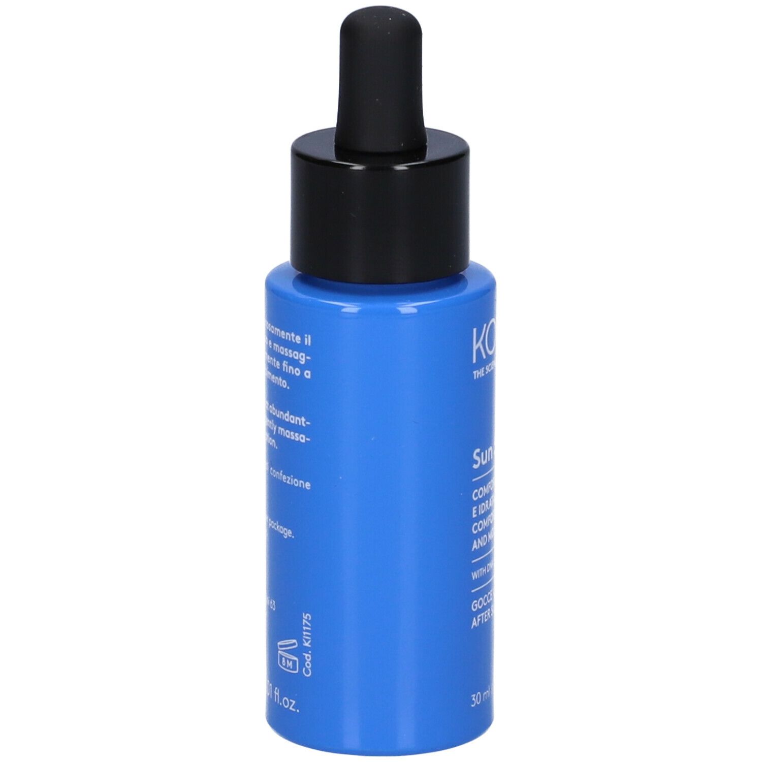 Flacone blu con tappo nero e pipetta. Scritta: Korff Sun Secret, Gocce Doposole. 30 ml.