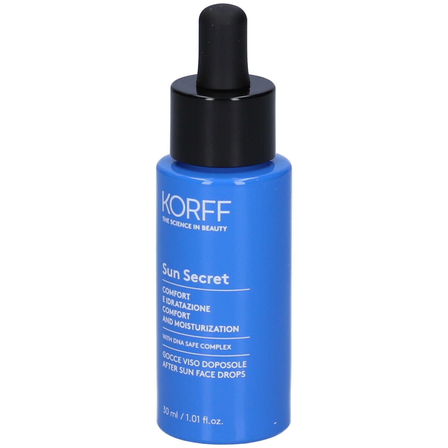 Flacone blu con tappo nero e pipetta. Scritta: Korff Sun Secret, Gocce Doposole. 30 ml.